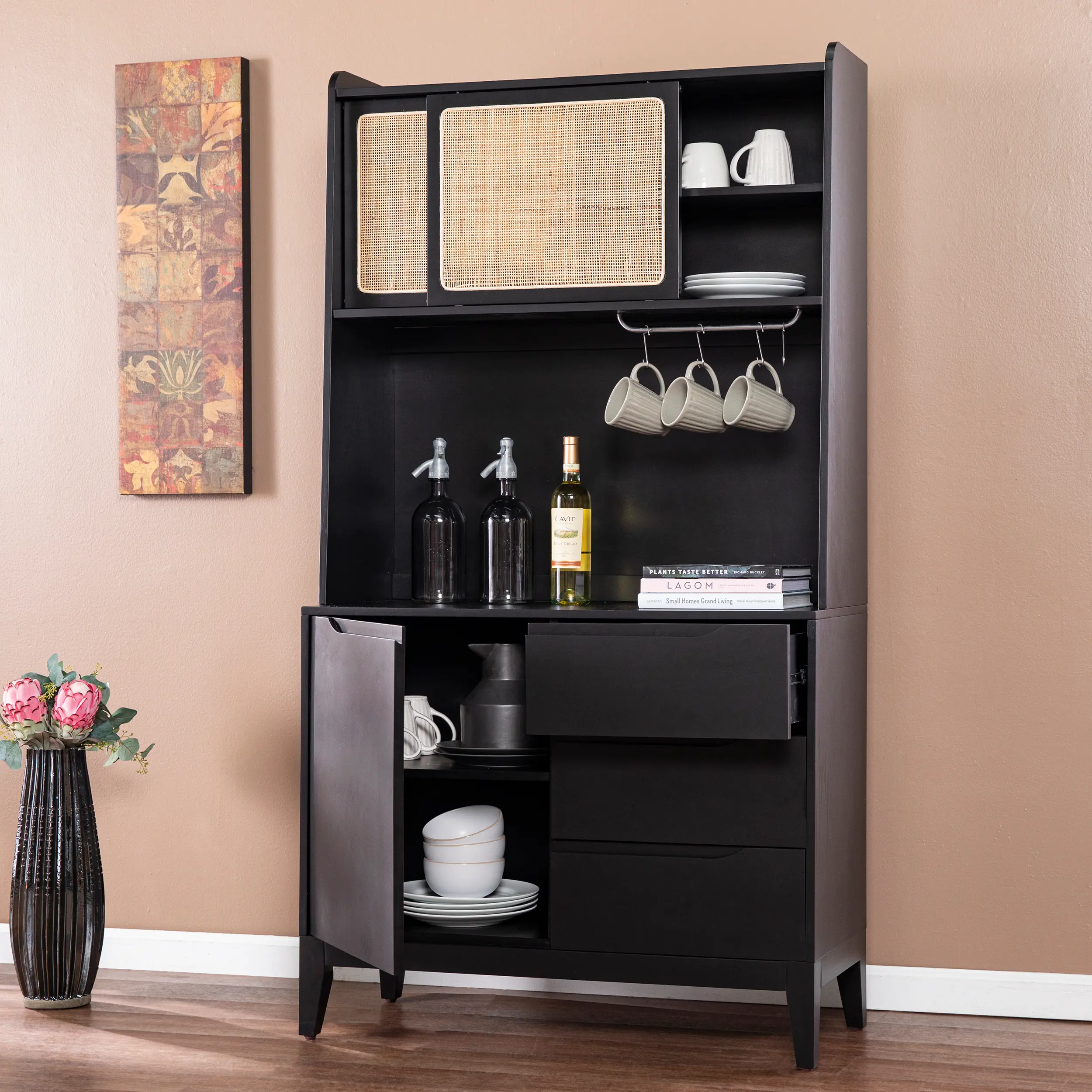 KA1096212 Carondale Black & Rattan Buffet Cabinet with Hutch-3