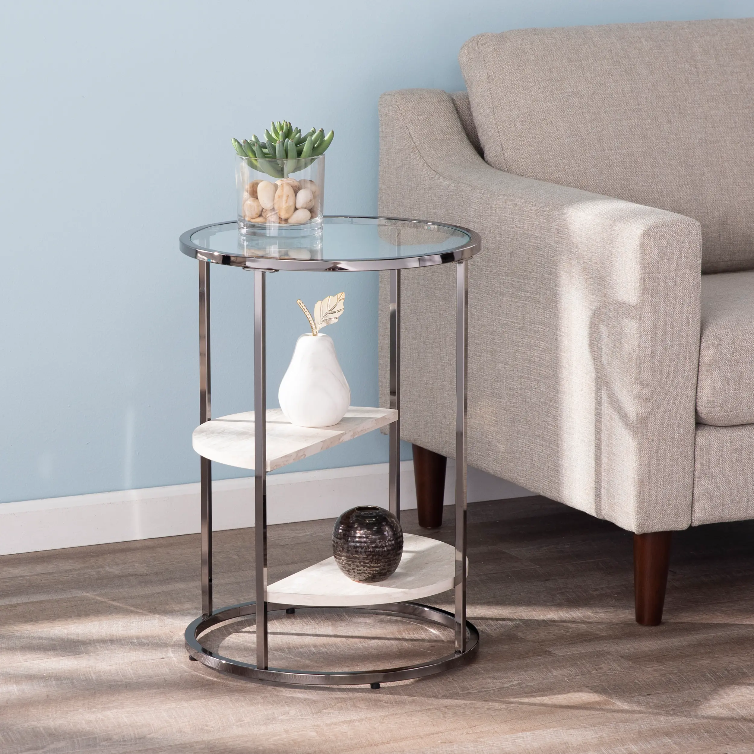 Ledermore Round Glass and Faux Stone Side Table | RC Willey