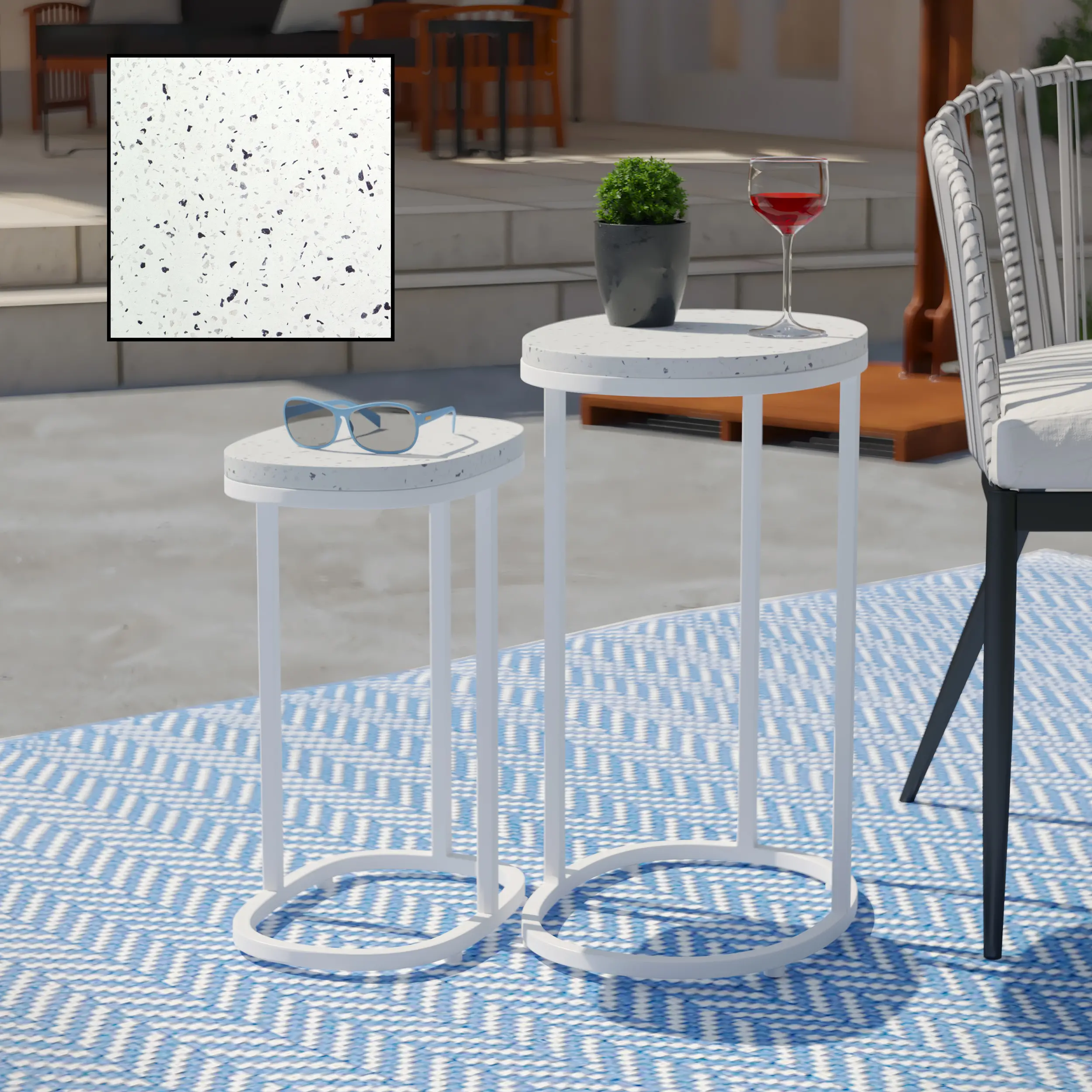 OD1089804 Vicanno White Terrazzo Outdoor Nesting Tables, Set of 2-2
