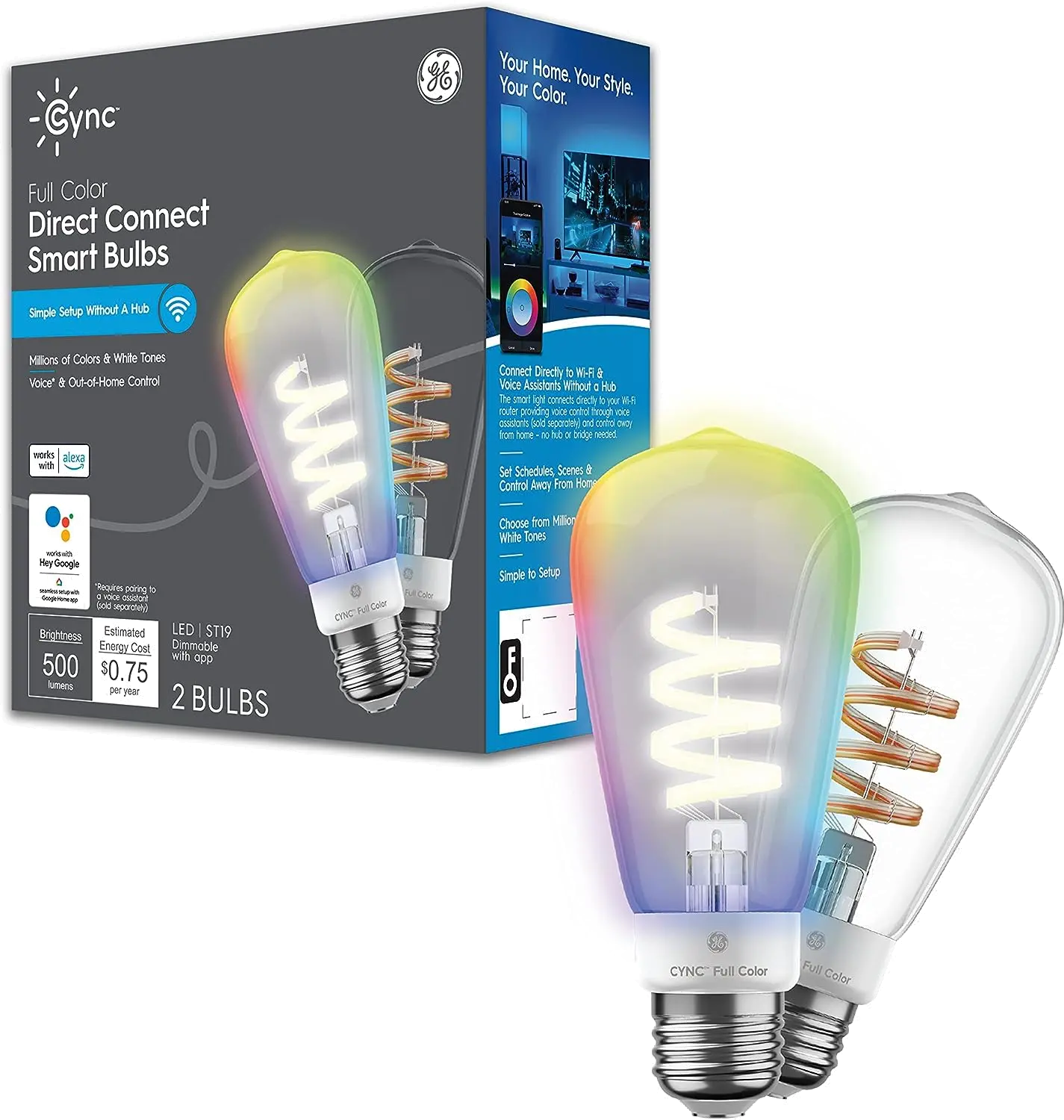 GE Cync Spiral 60-Watt ST19 Dimmable Smart LED Light Bulb (2-Pack)-1