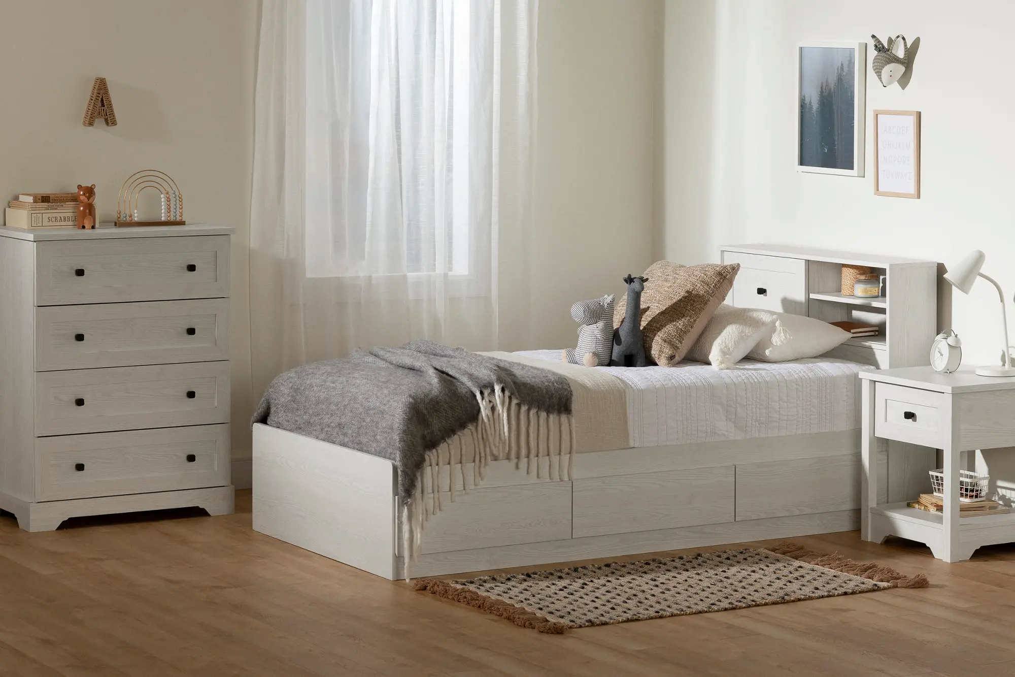 Technical diagram of a white wood storage headboard with drawer and shelves including dimensions