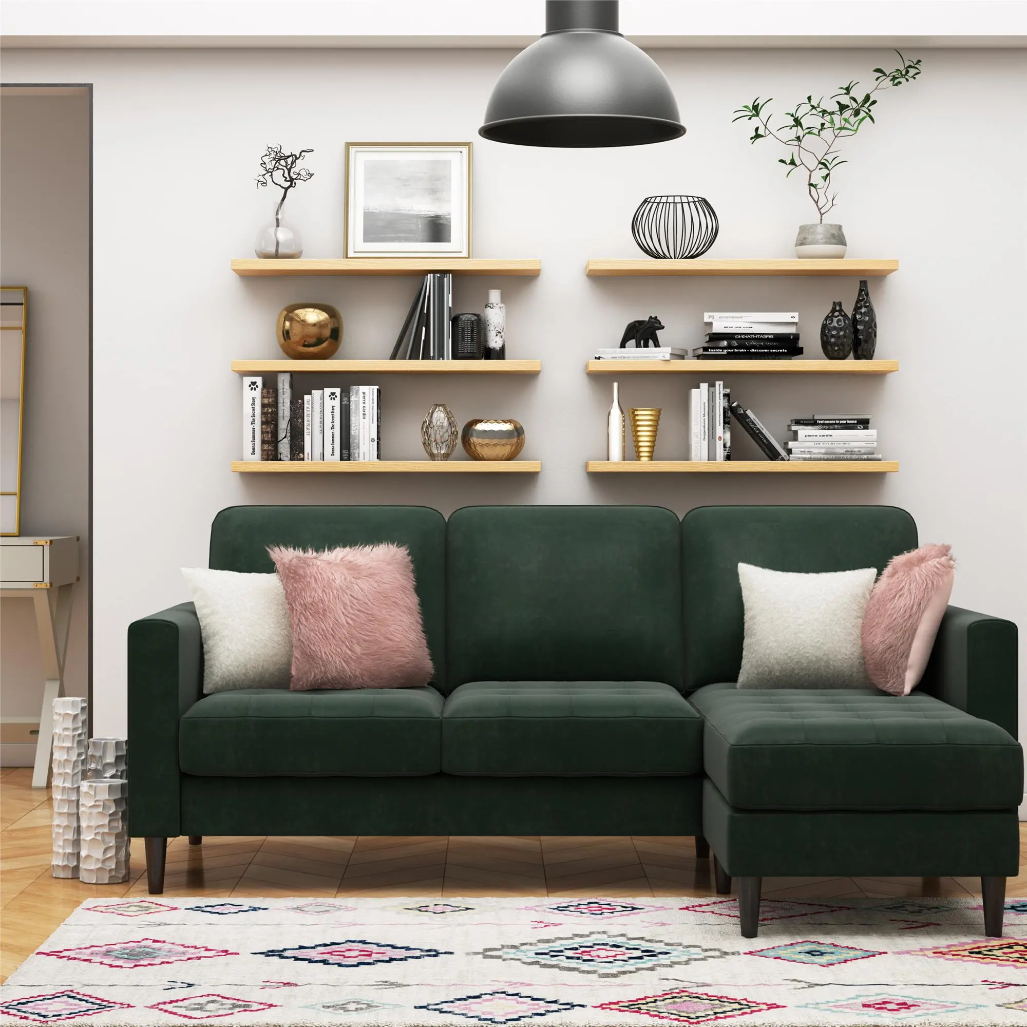 Strummer Green Velvet Reversible Sofa-Chaise-2