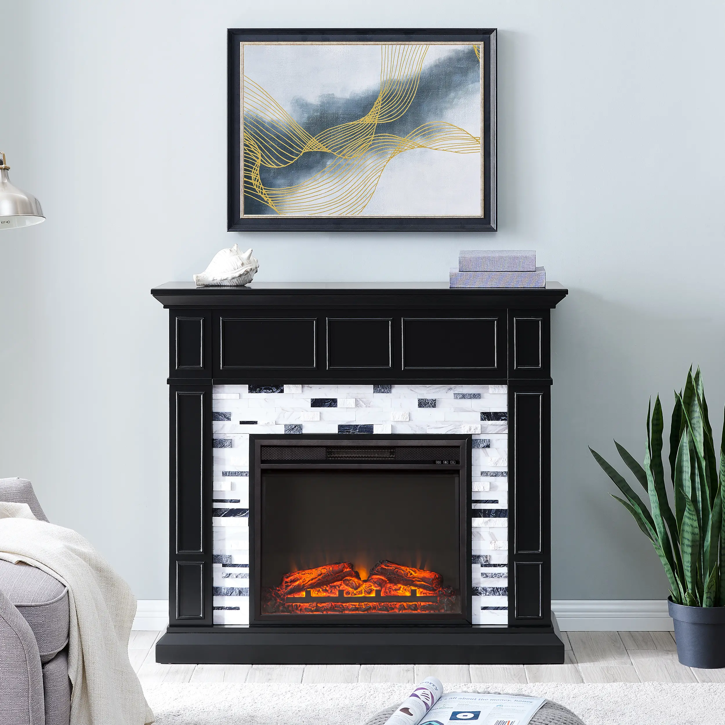 FP1080859 Drovling Black & Marble Electric Fireplace-2
