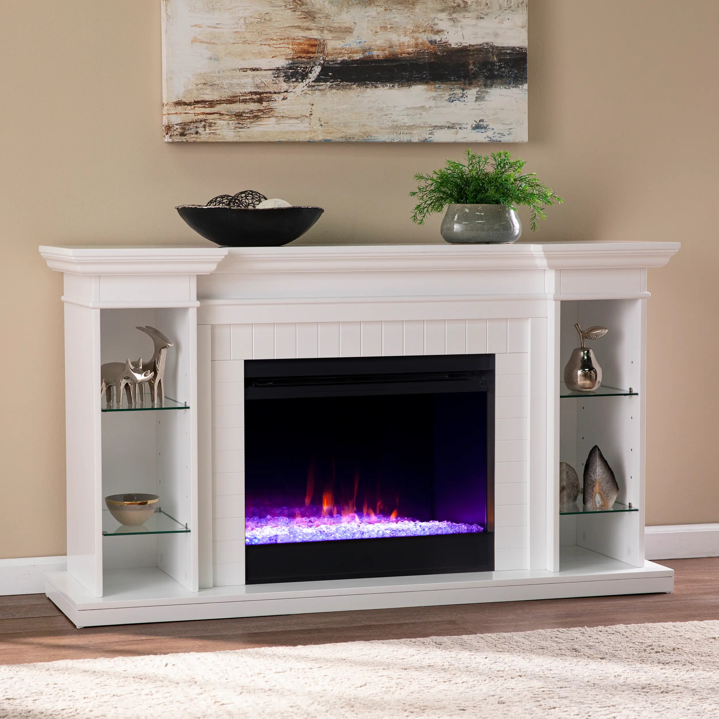 FC1154759 Henstinger White Color Changing Fireplace Bookcase Mantel-2
