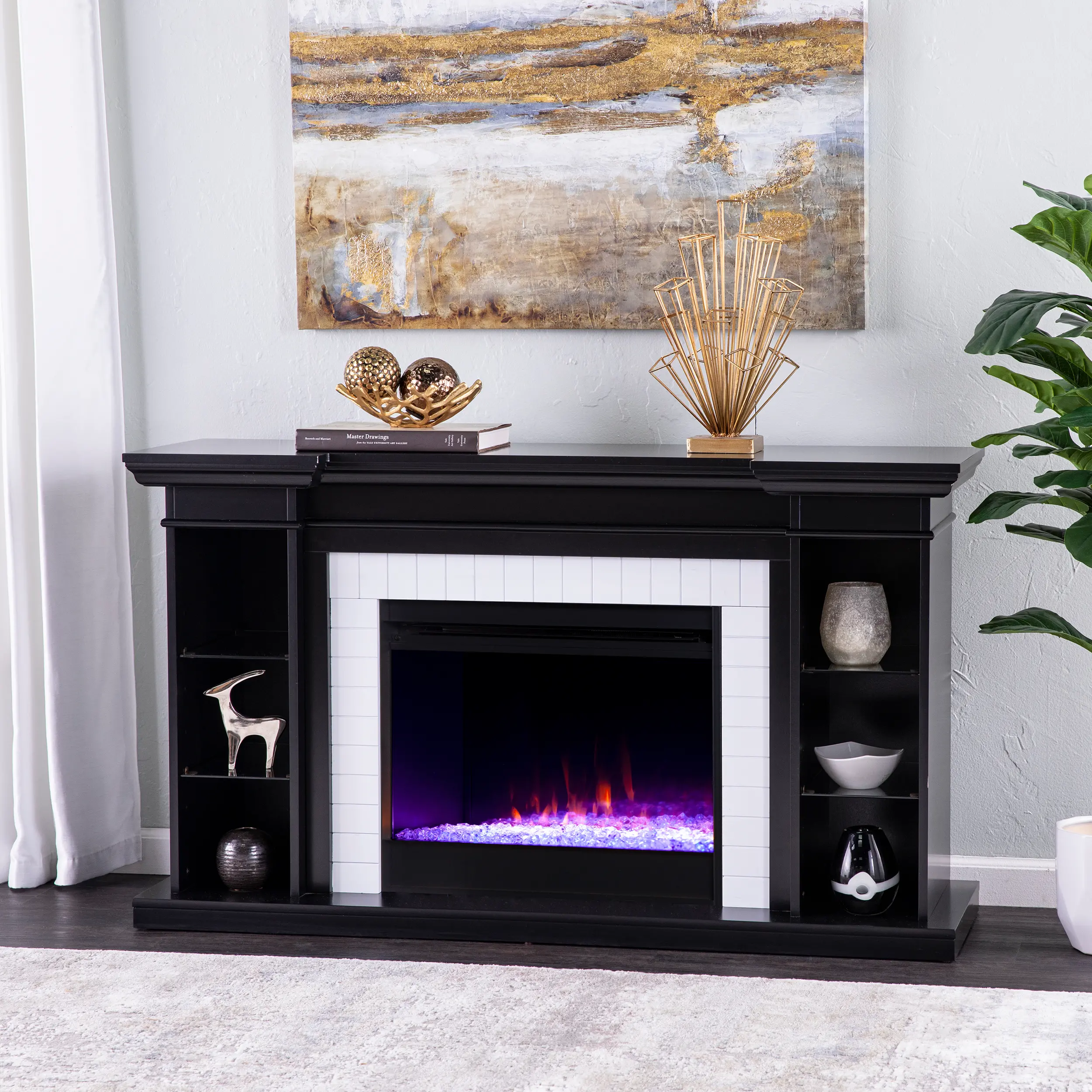 FC1225159 Henstinger Black Color Changing Fireplace Bookcase Mantel-2