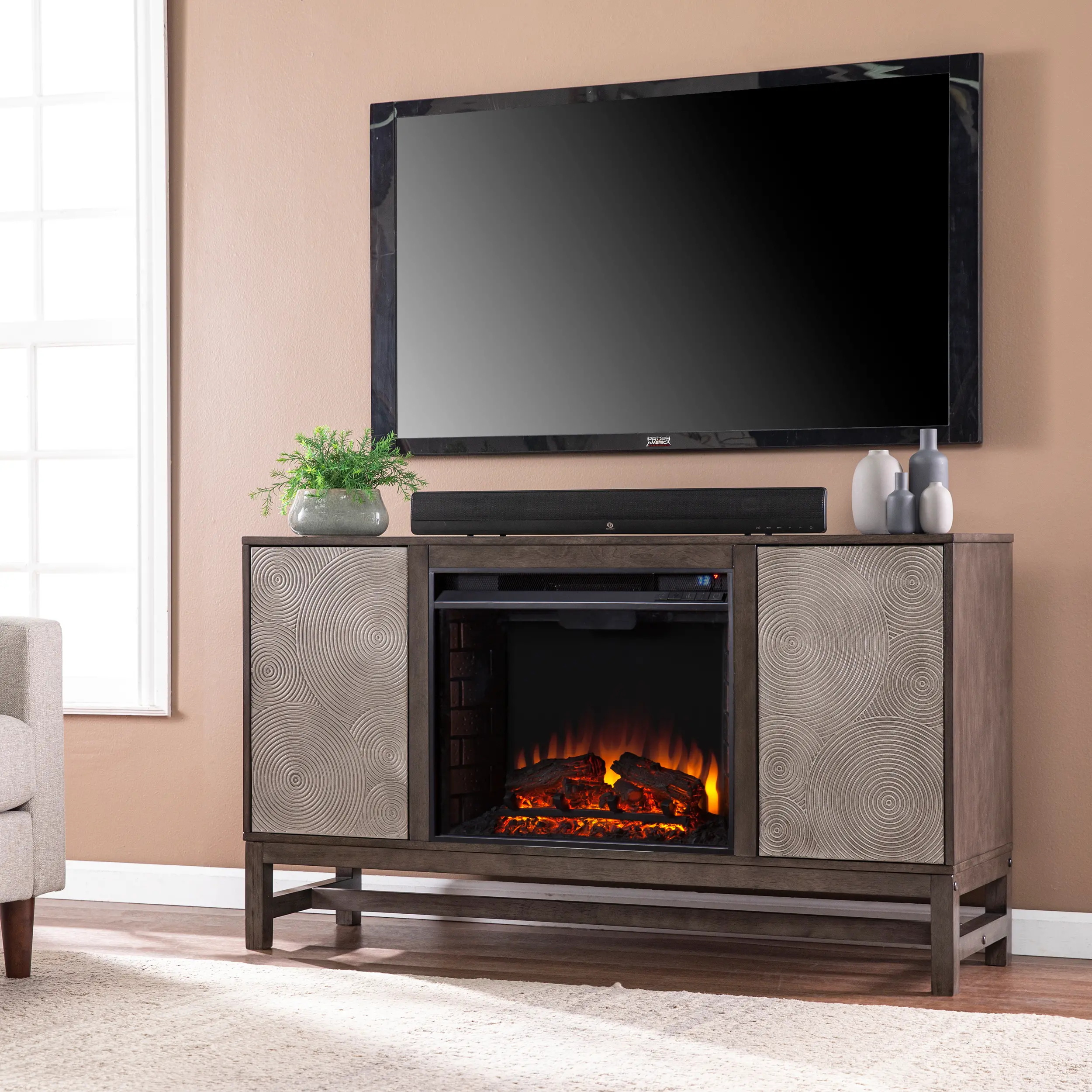 FE1137256 Lannington Brown and Silver Electric Fireplace Mantel-2
