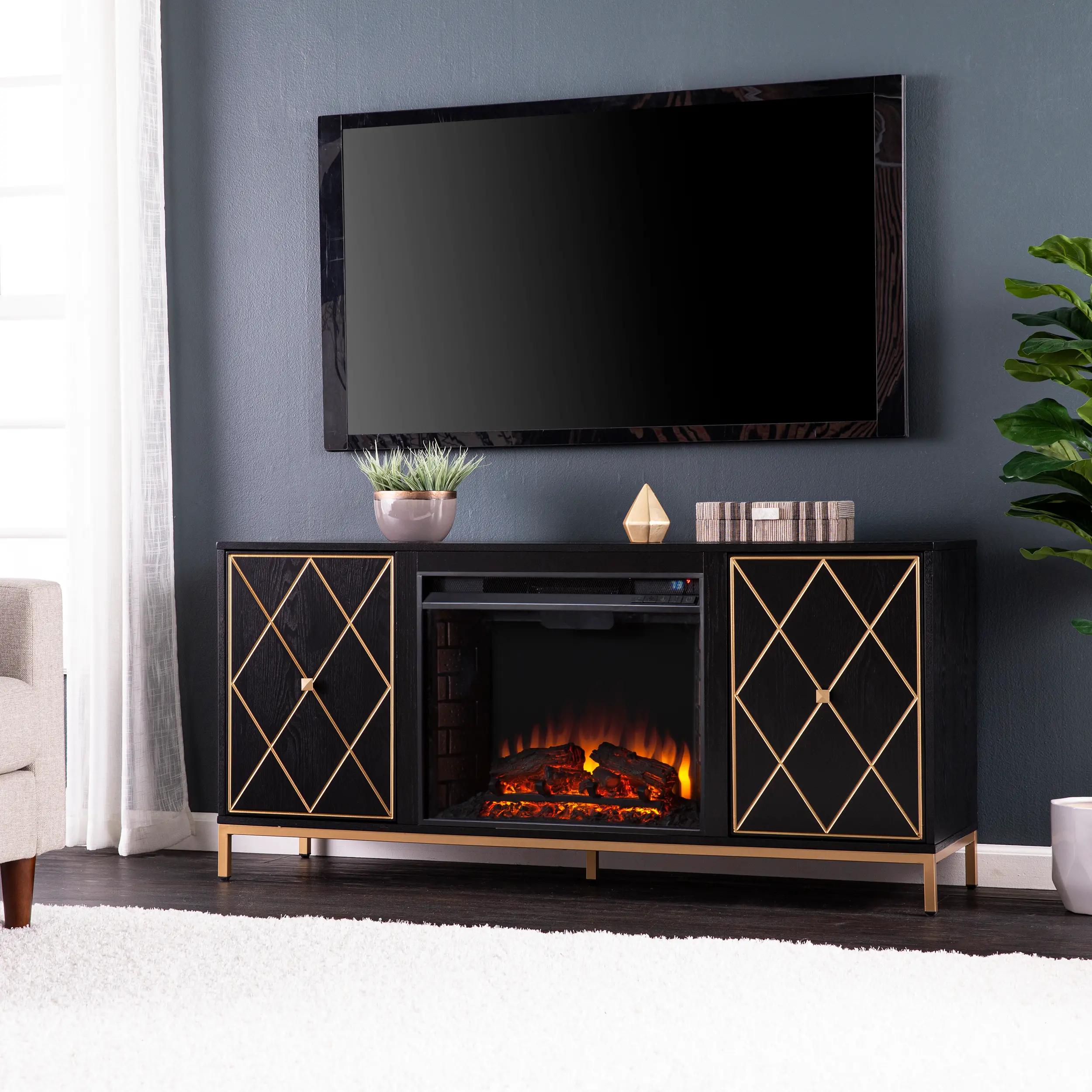 FE1111956 Marradi Black & Gold Electric Fireplace TV Stand-1