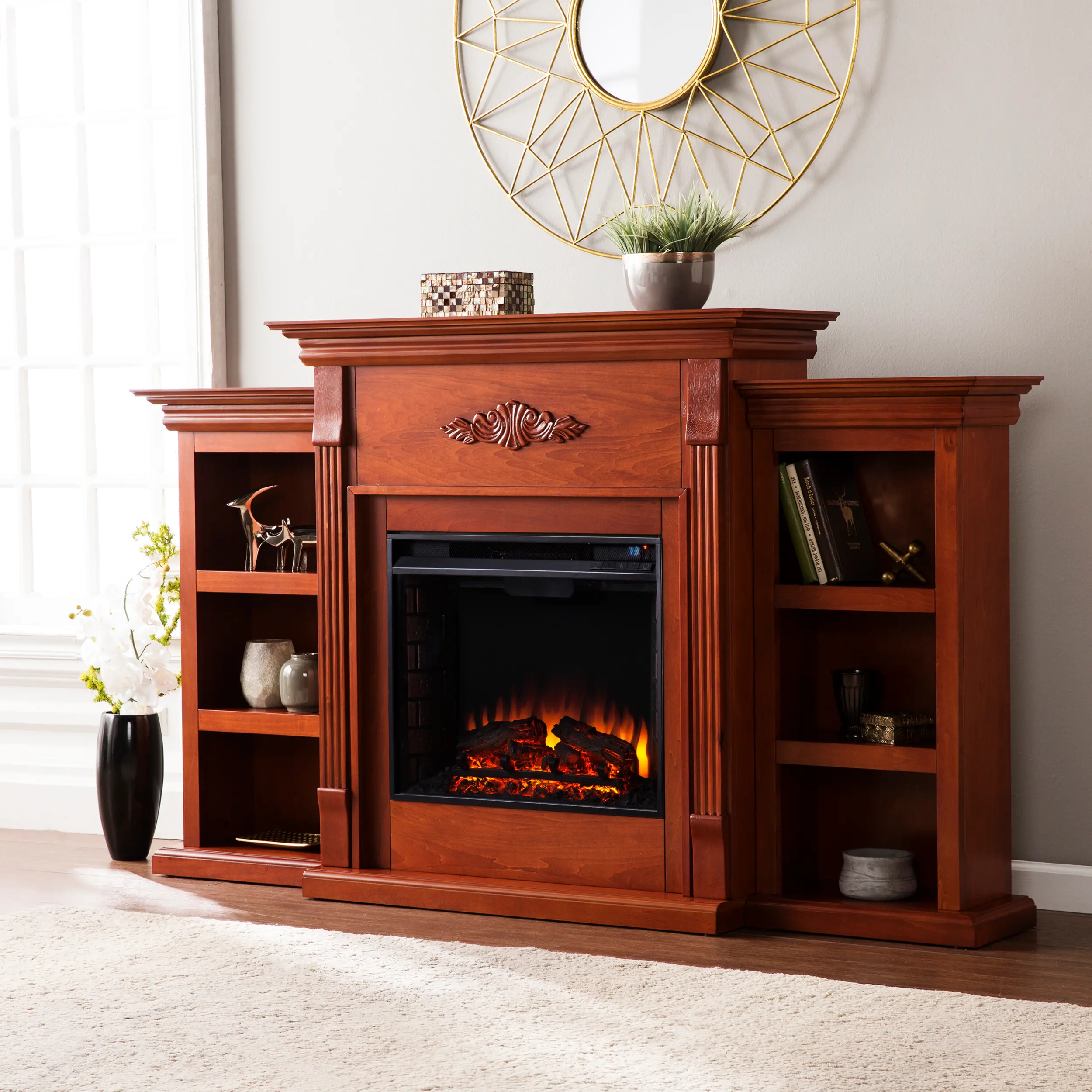 FE8547 Tennyson Mahogany Electric Fireplace Bookcase Mantel-2