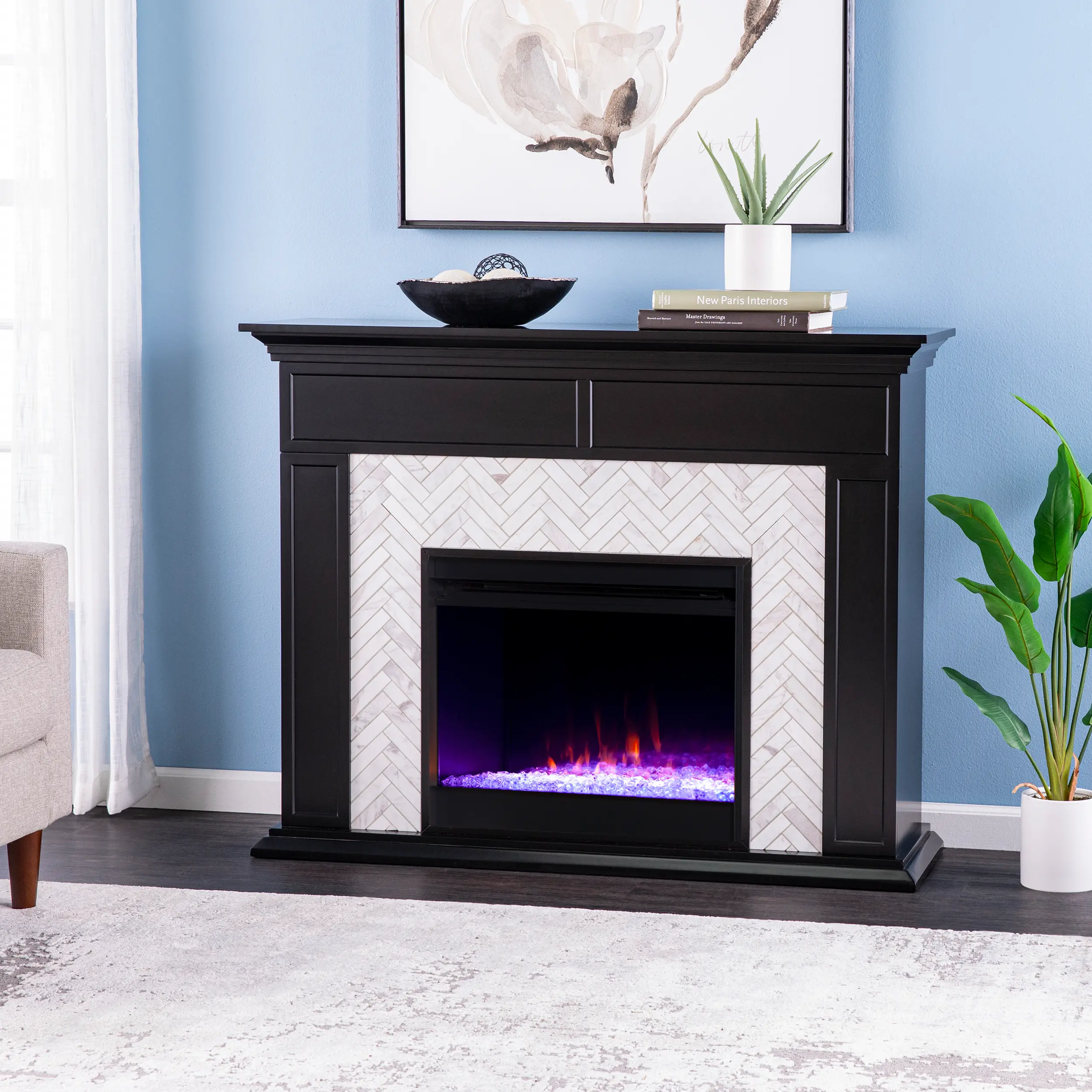 FC1225559 Torlington Black Marble Tiled Color Changing Fireplace-2
