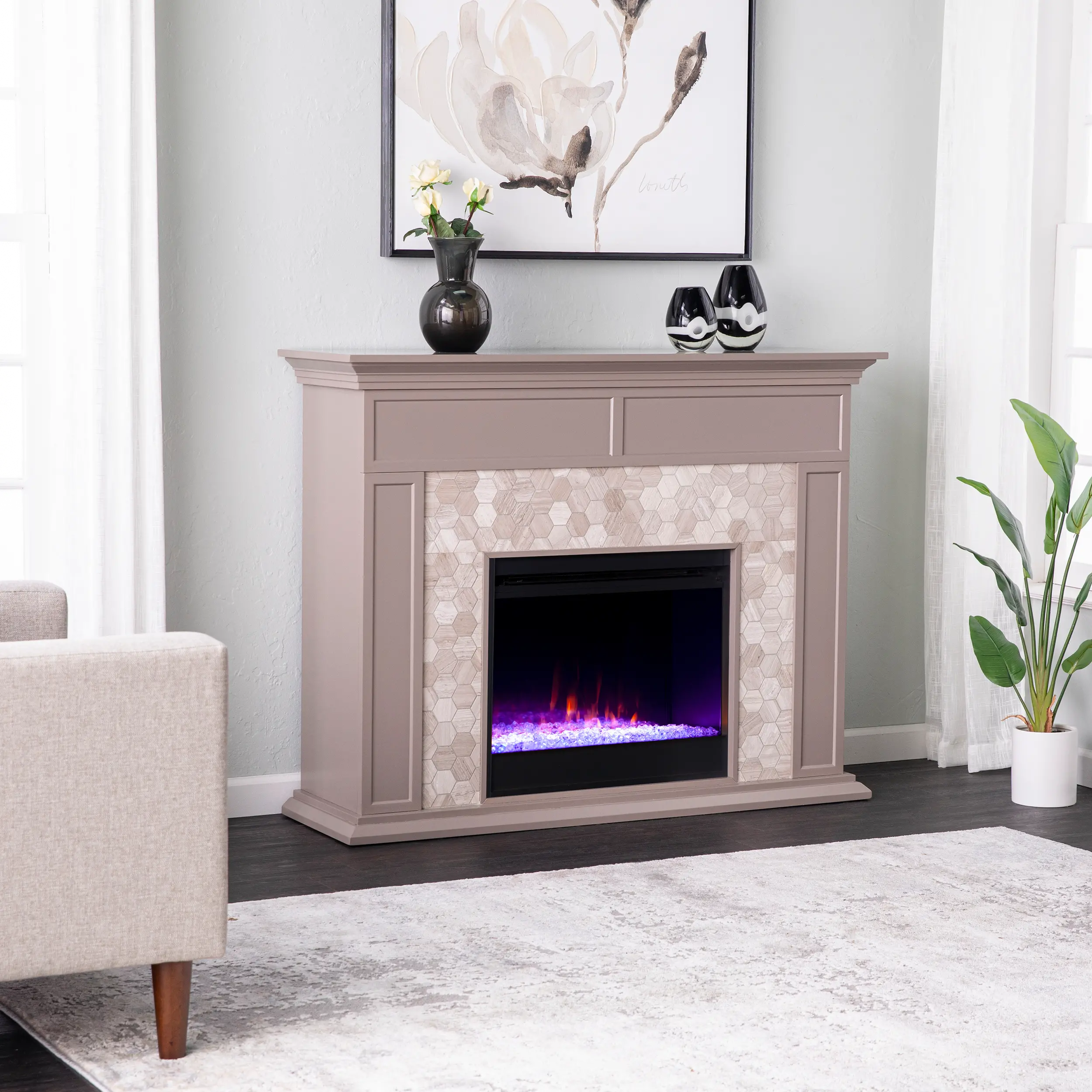 FC1225459 Torlington Gray Marble Tiled Color Changing Fireplace-2