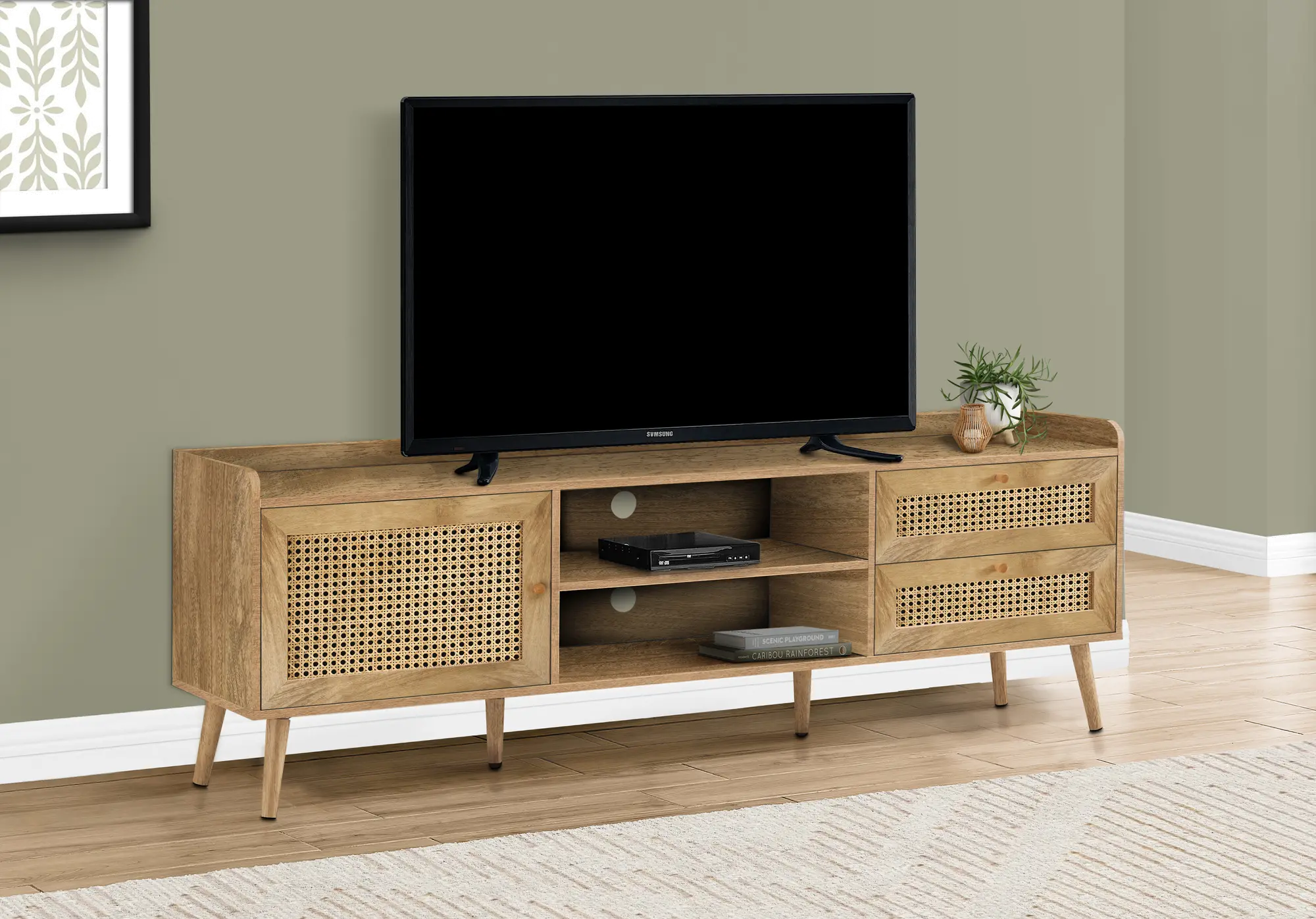 Walnut and Rattan 72  TV Stand-2