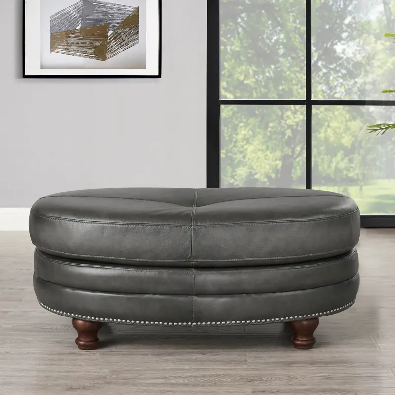 Billingham Ash Gray Leather Oval Ottoman