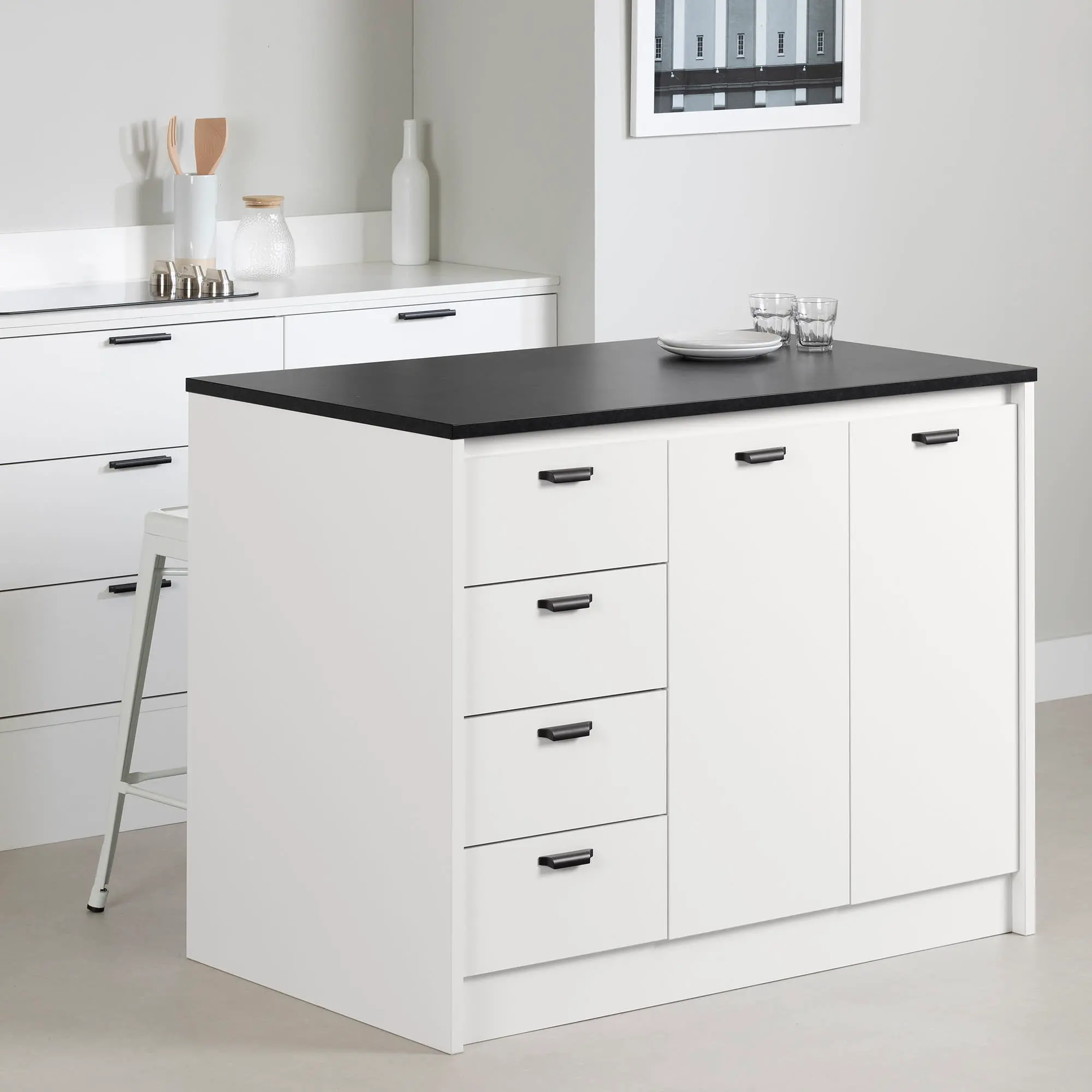 15445 Amaro White and Black Stone Kitchen Island - South Shore-2