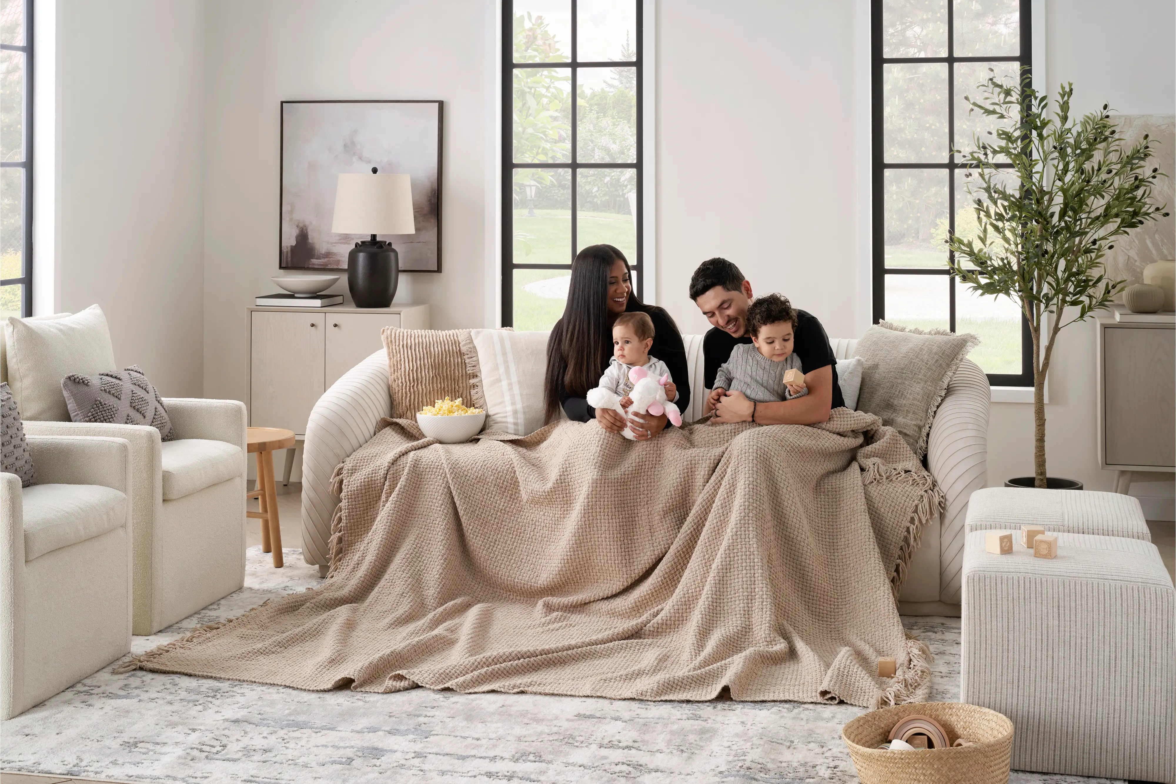 Mina Beige Waffle Weave Throw Blanket-3
