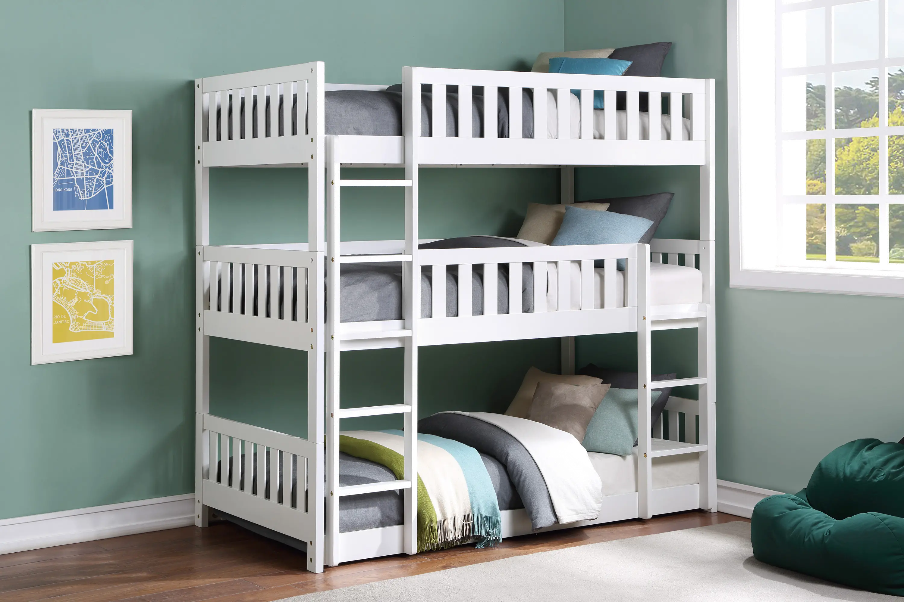 Oakley White Triple Twin Bunk Bed-2