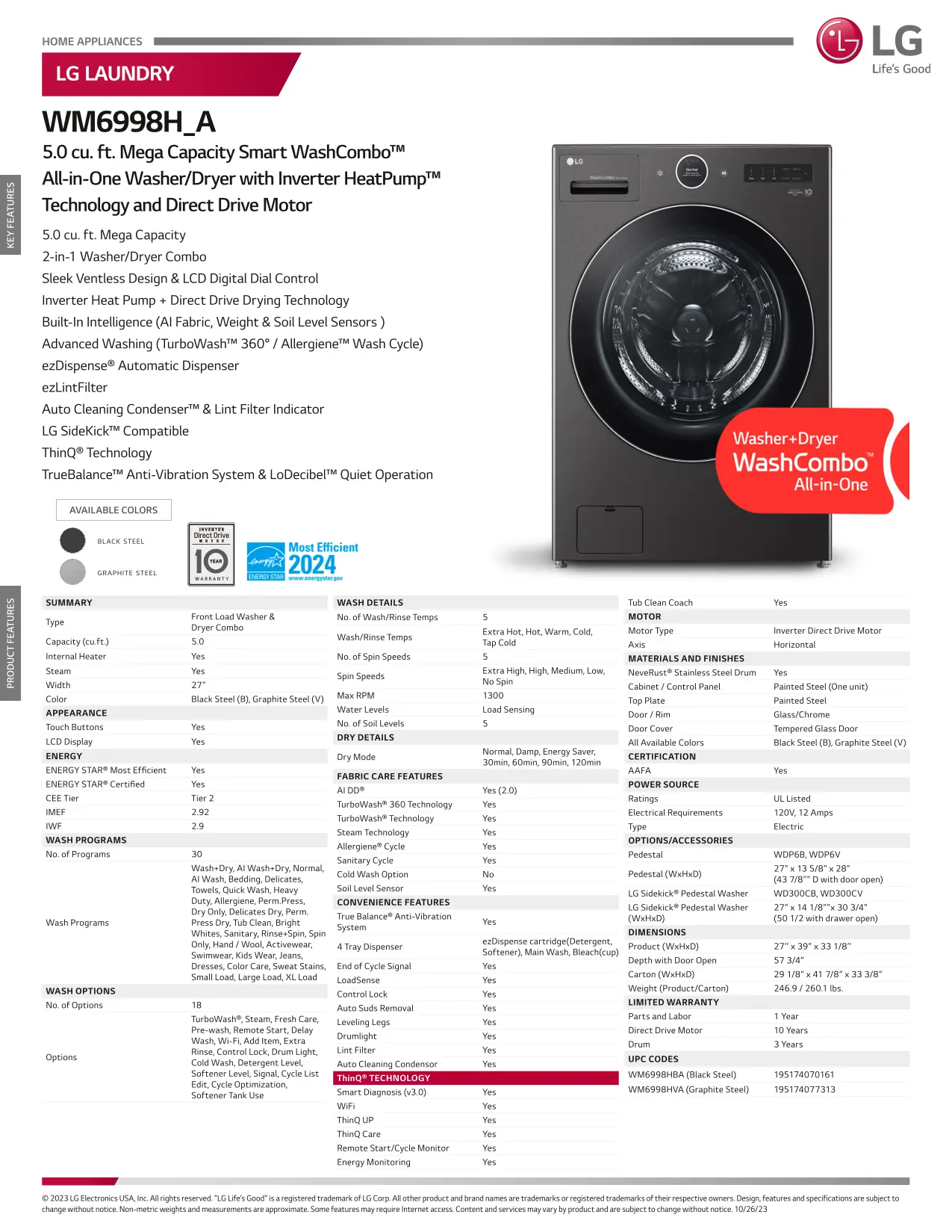 WM6998HBA LG 5.0 Cu Ft WashCombo™ All-in-One Washer-Dryer Combo - Black Steel-21