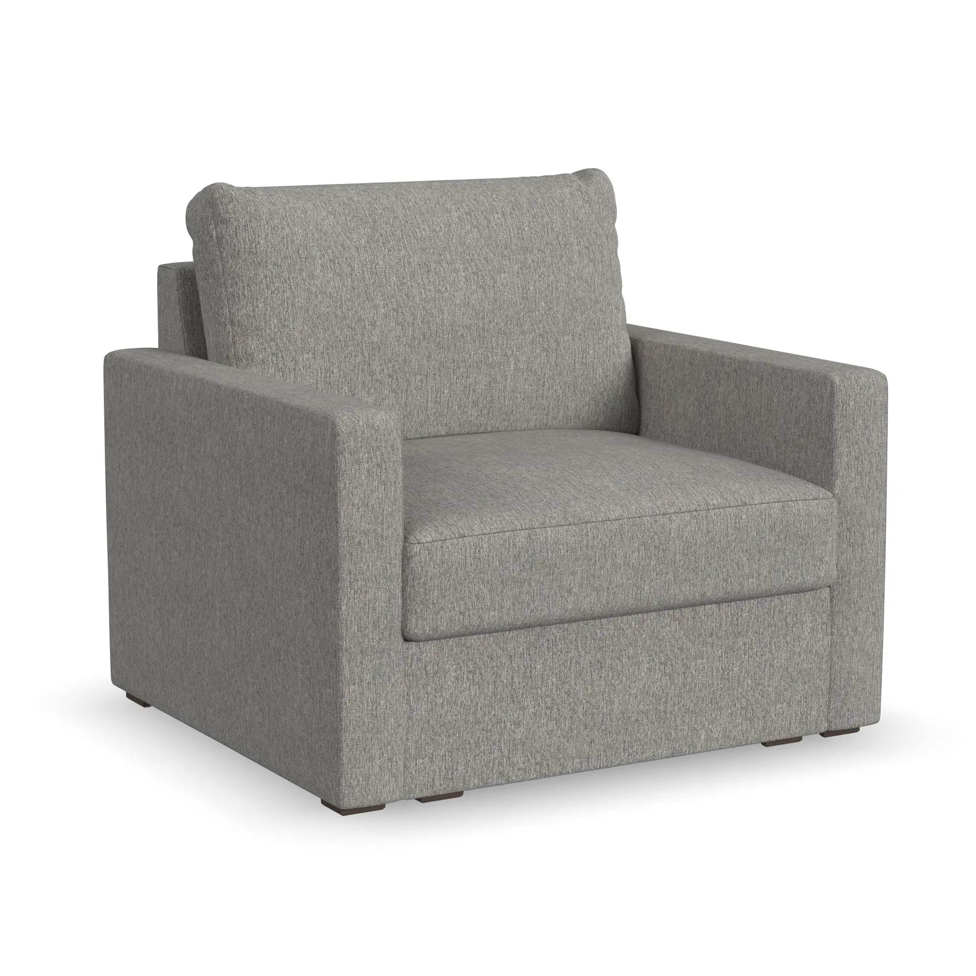Grey fabric armchair shown from a three-quarter front angle.