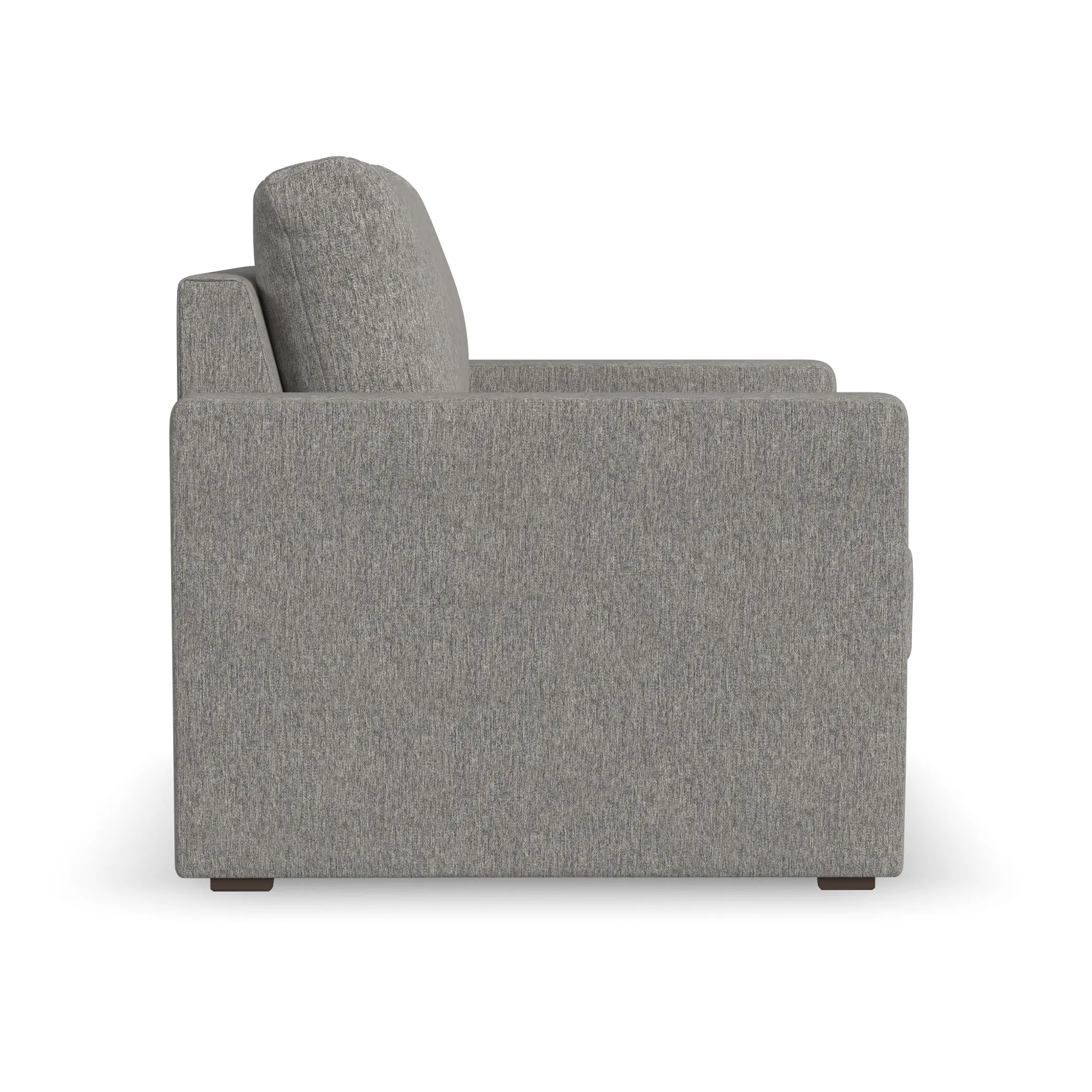 Grey fabric armchair shown in side profile highlighting armrest and back.