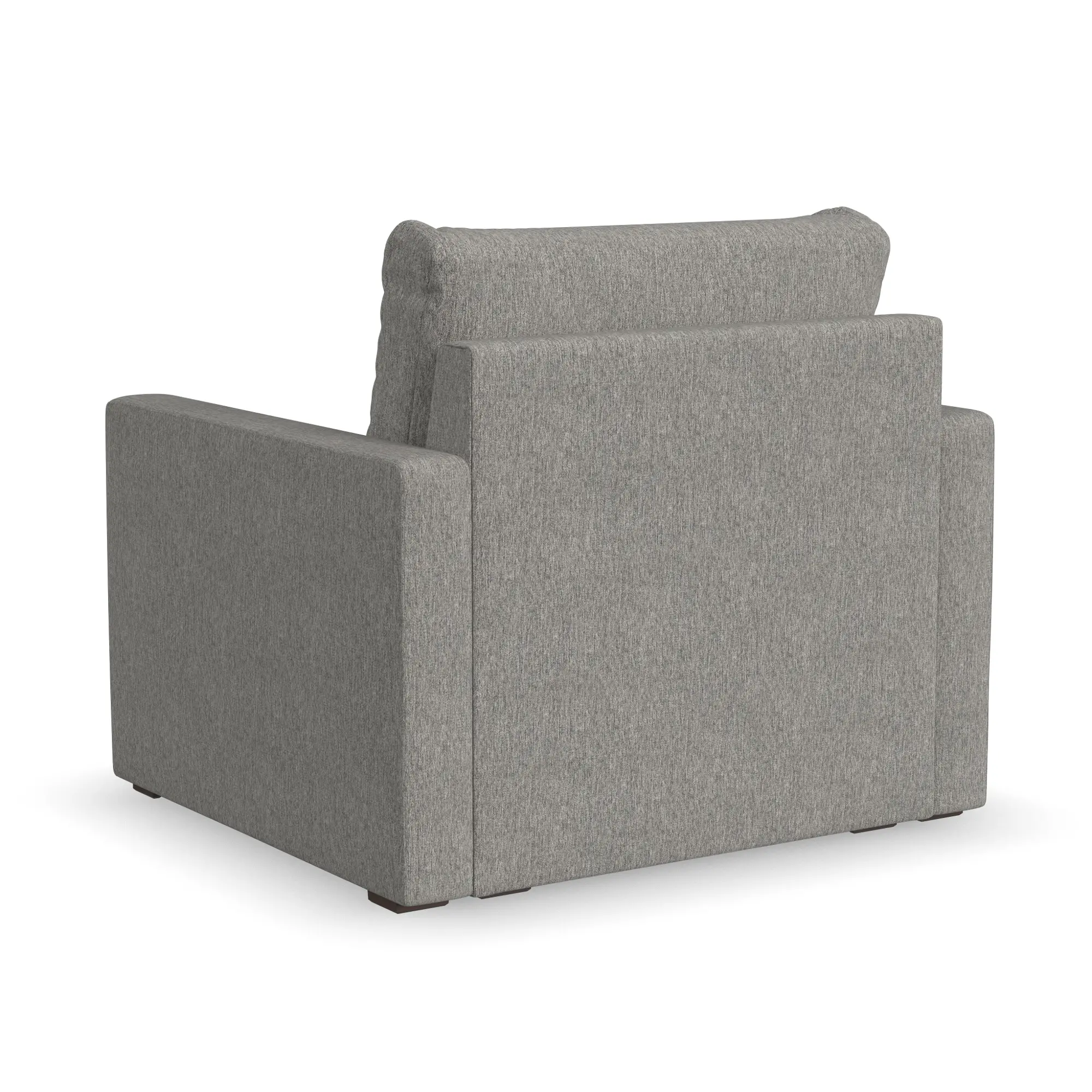 Grey fabric armchair seen from behind in a three-quarter rear view.