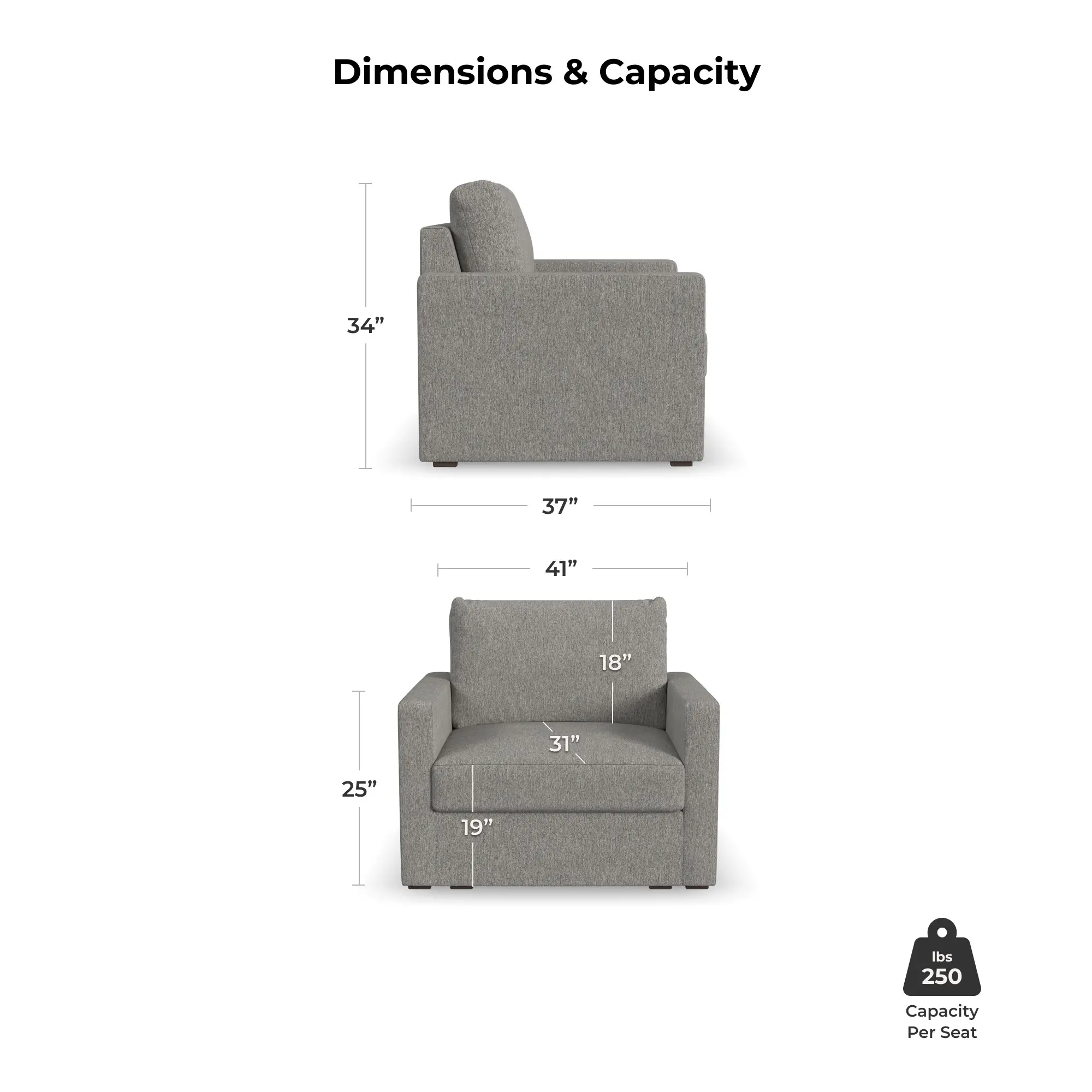 Dimensions & Capacity diagram showing measurements of the armchair: height 34 inches, width 41 inches, seat depth 19 inches, etc.