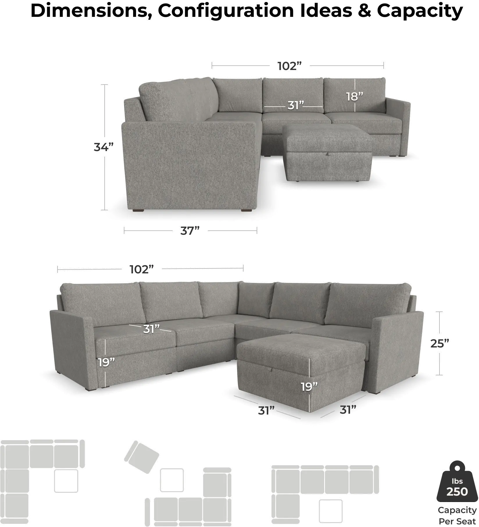 Flex Gray 5-Seat Modular Sectional with Narrow Arm and Storage Ottoman-3