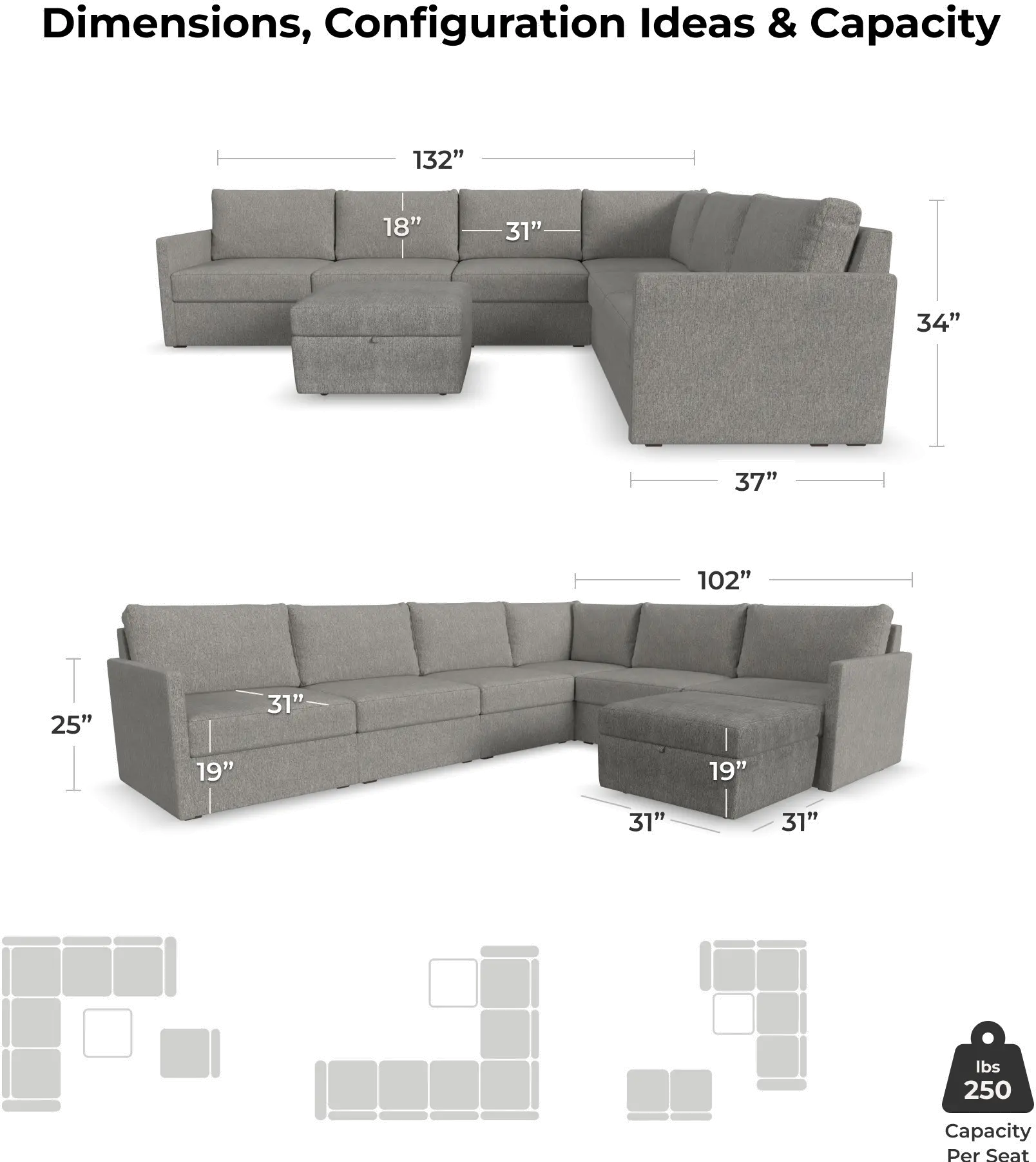 Flex Gray 6-Seat Modular Sectional with Narrow Arm and Storage Ottoman-2