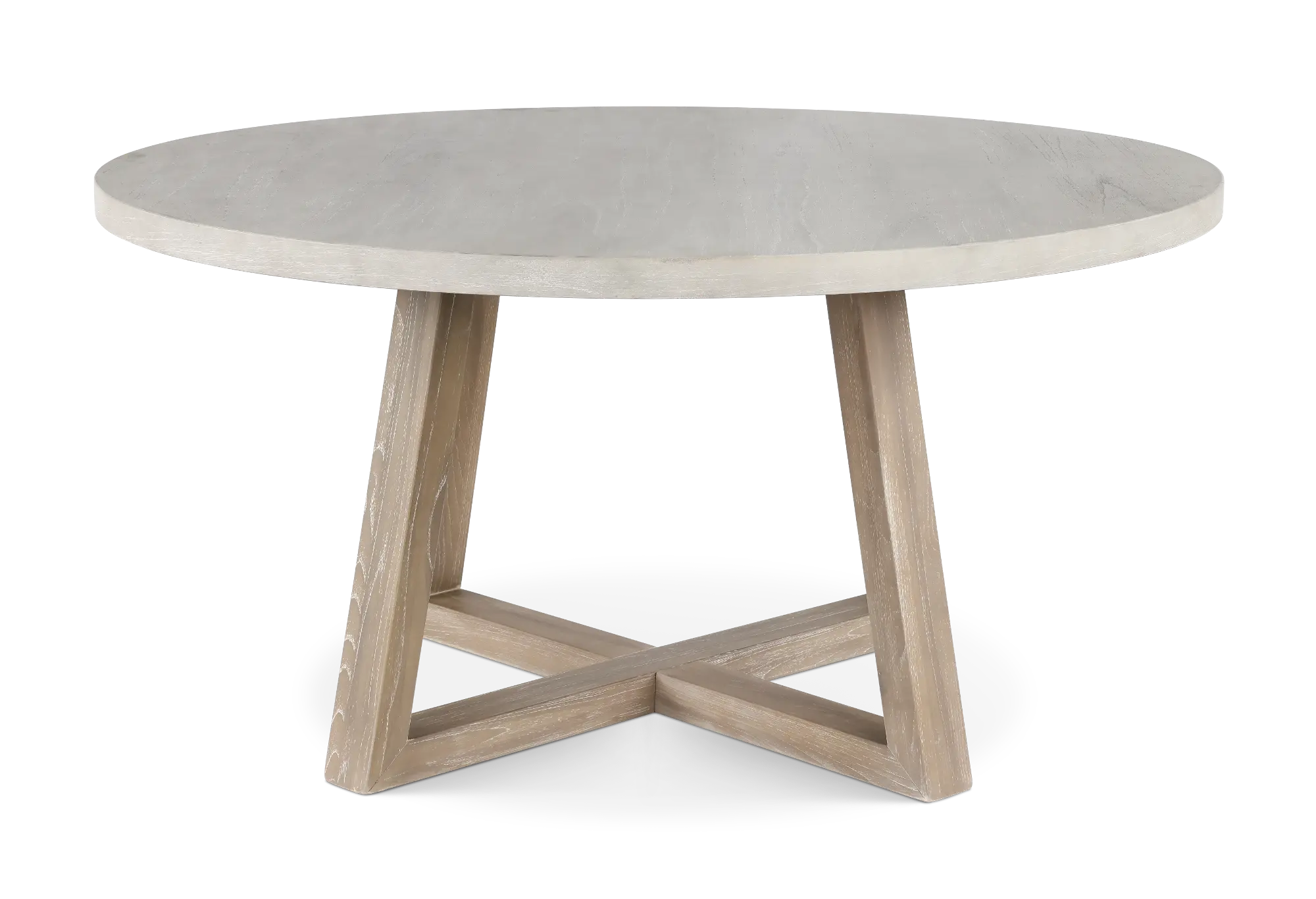 Light wood round table with pale gray top and cross-leg base