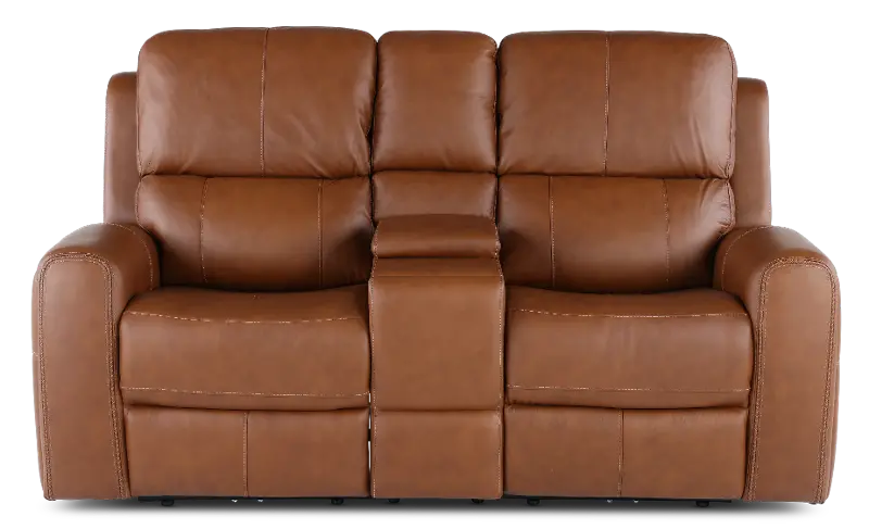 Linden Caramel Power Reclining Loveseat with Console