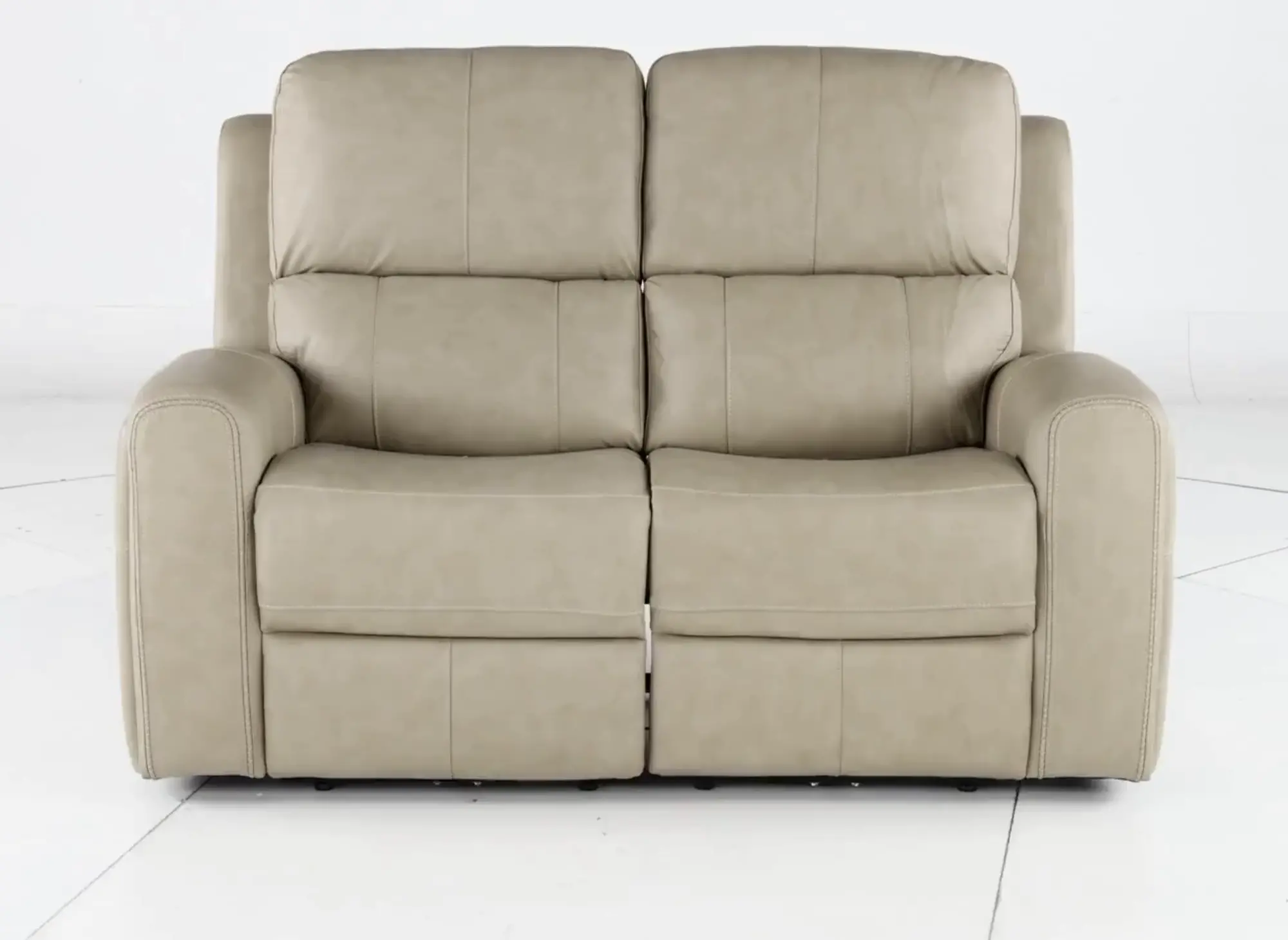 Beige sectional with two recliner chairs and matching fabric upholstery