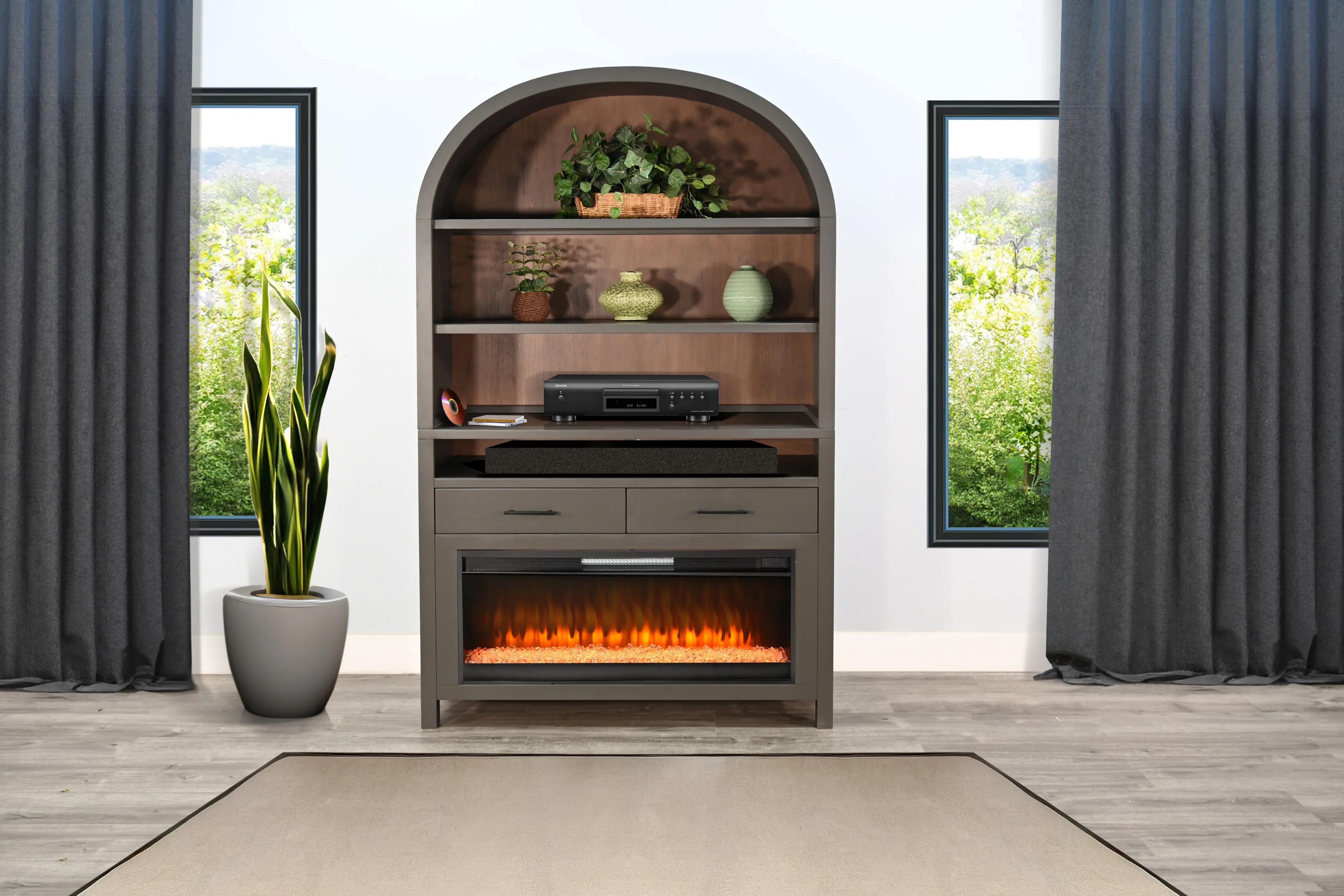 Chill Gray Wide Arch Fireplace Bookcase-12