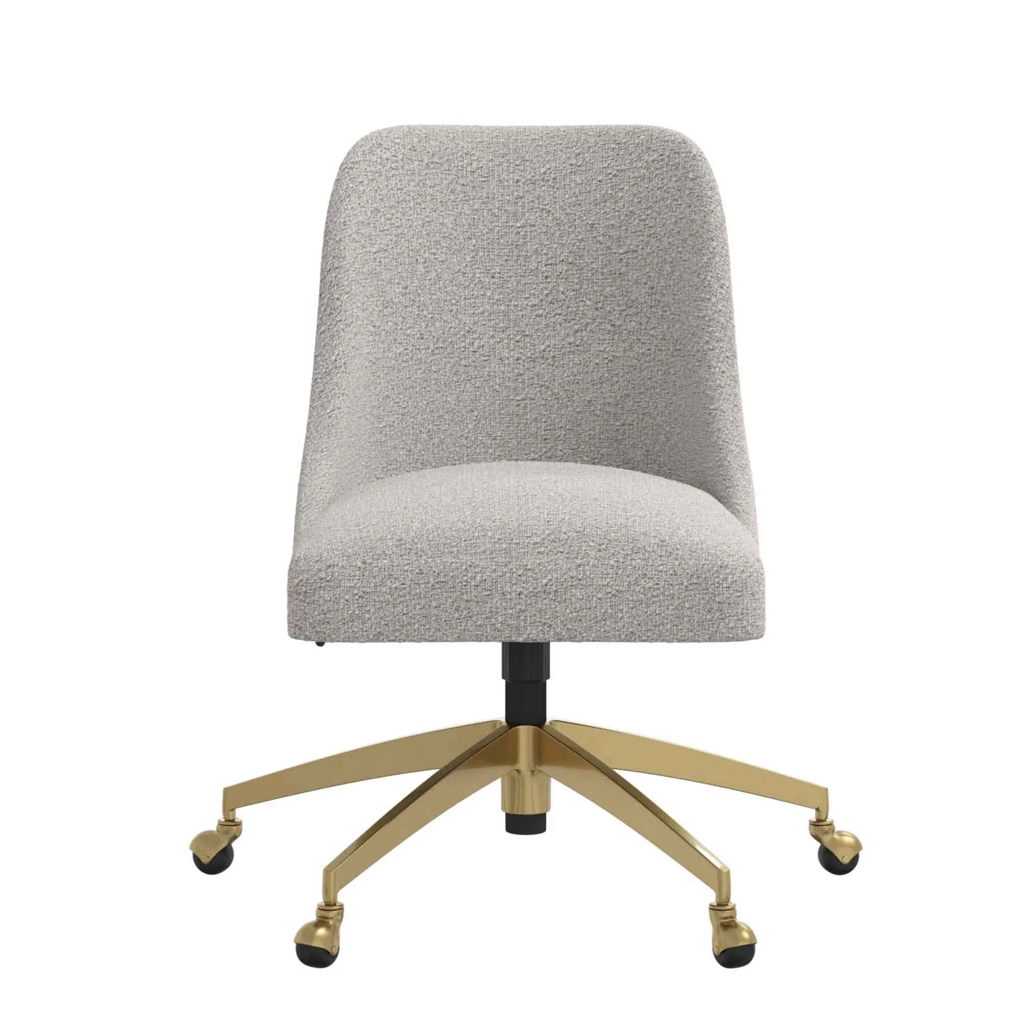 Front view of the same light gray boucle chair with gold base.