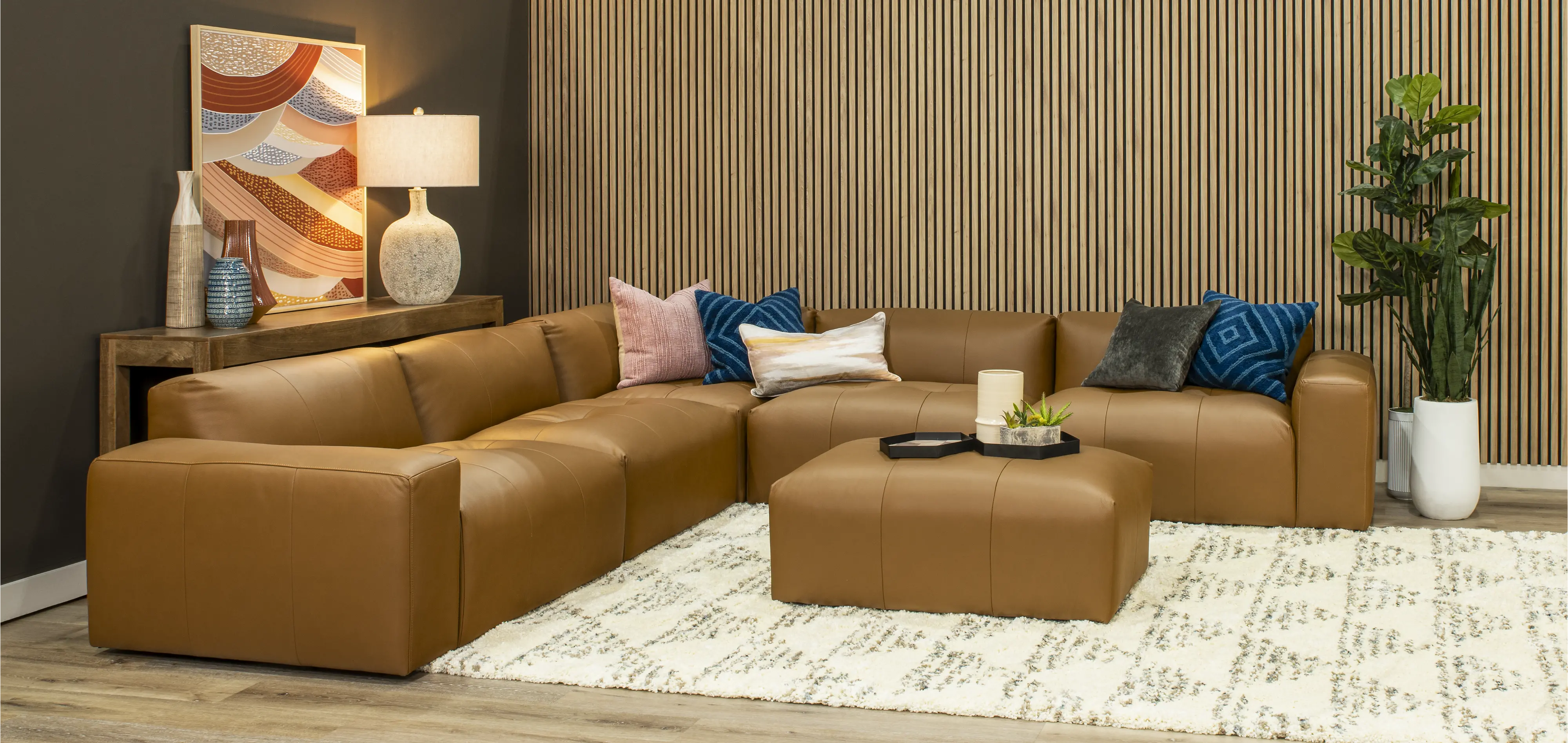 Zachary Tan Leather 5 Piece Modular Sectional-4