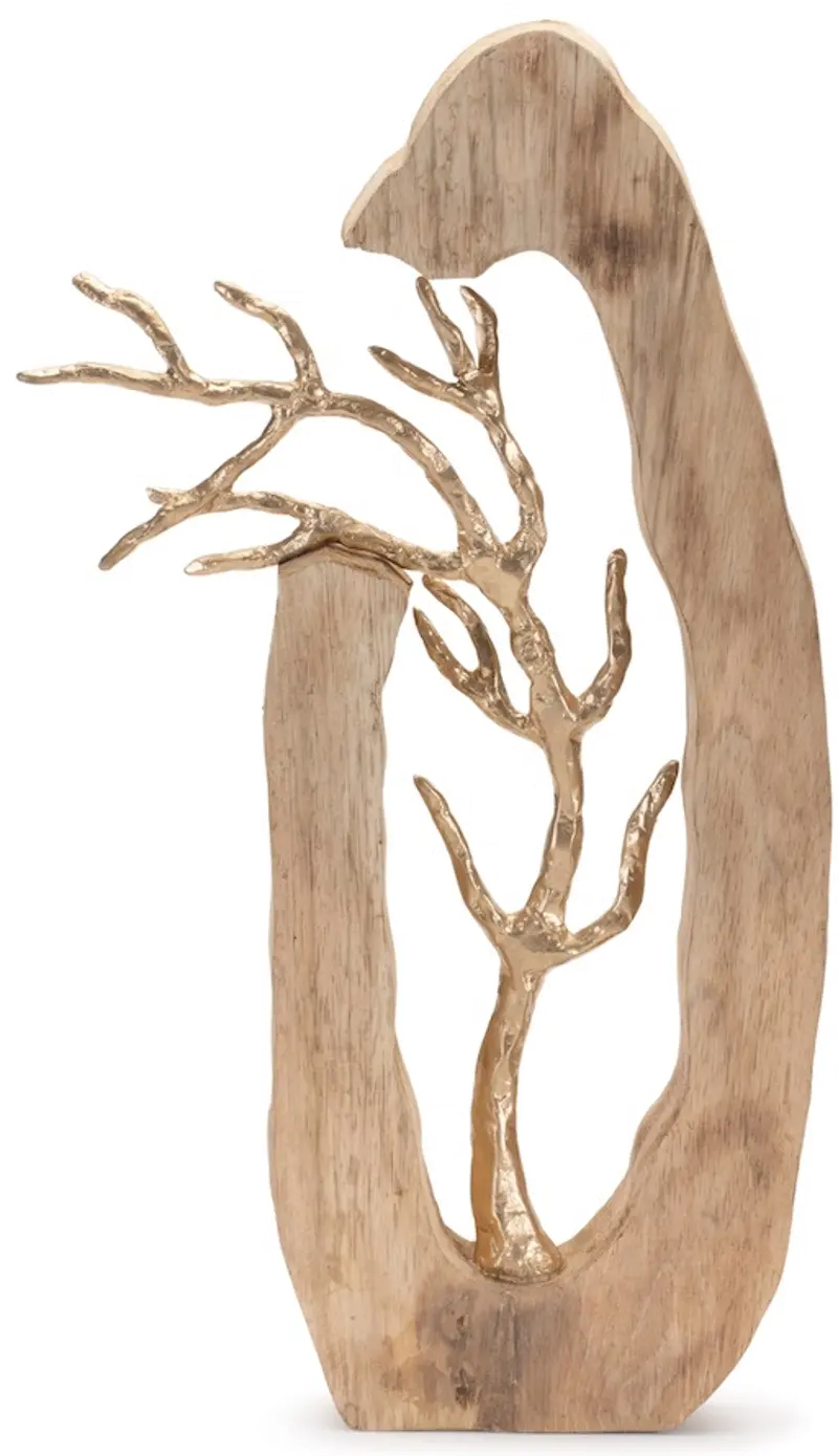 20 Inch Gold Aluminum Branch in Wood Sculpture