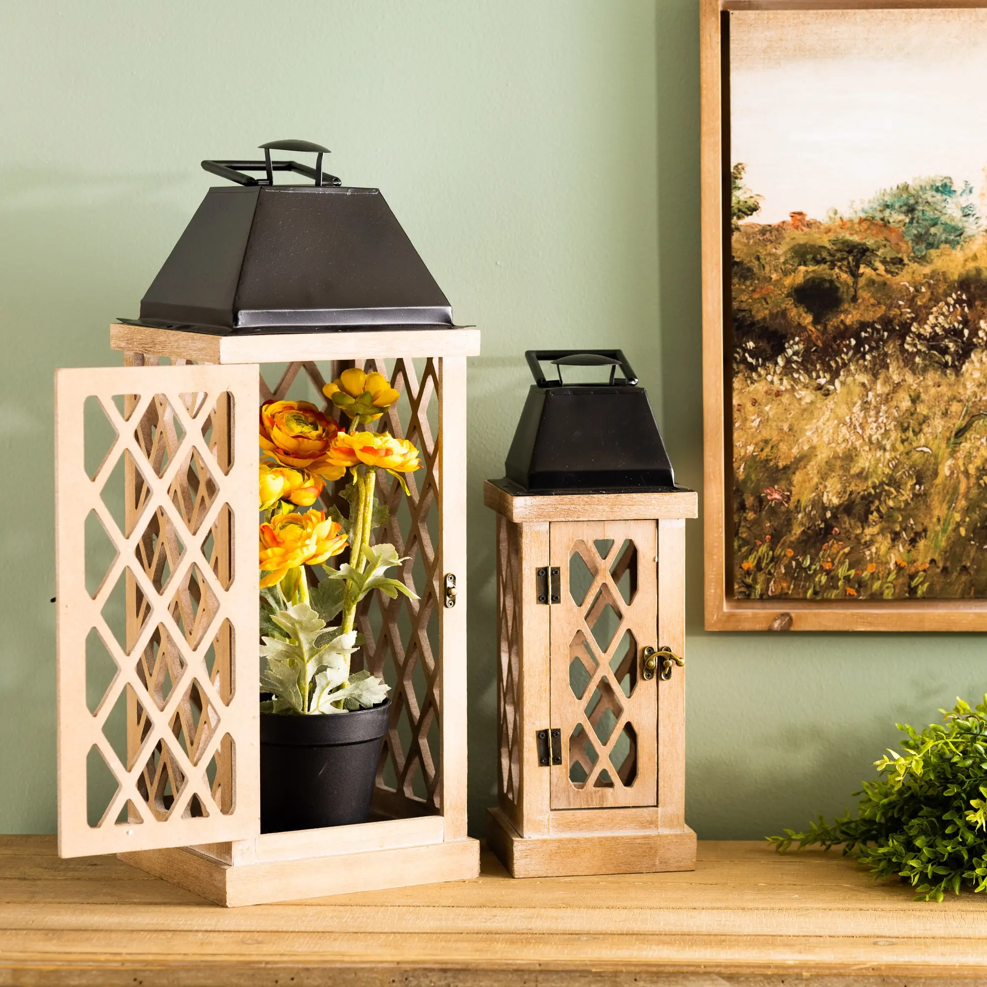 Small Natural Wood and Metal Lantern-2