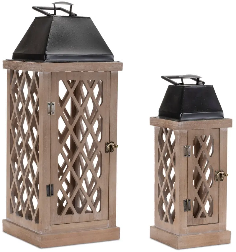 Large Natural Wood and Metal Lantern