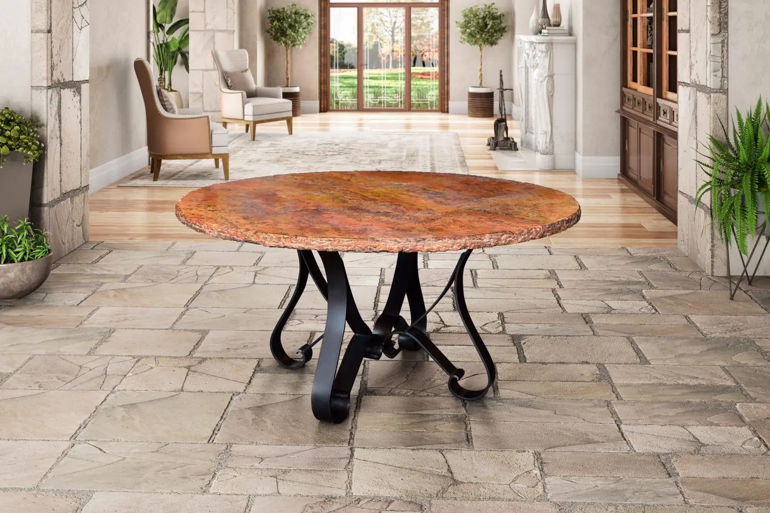 Del Rio Yellow Travertine and Steel Dining Table-2