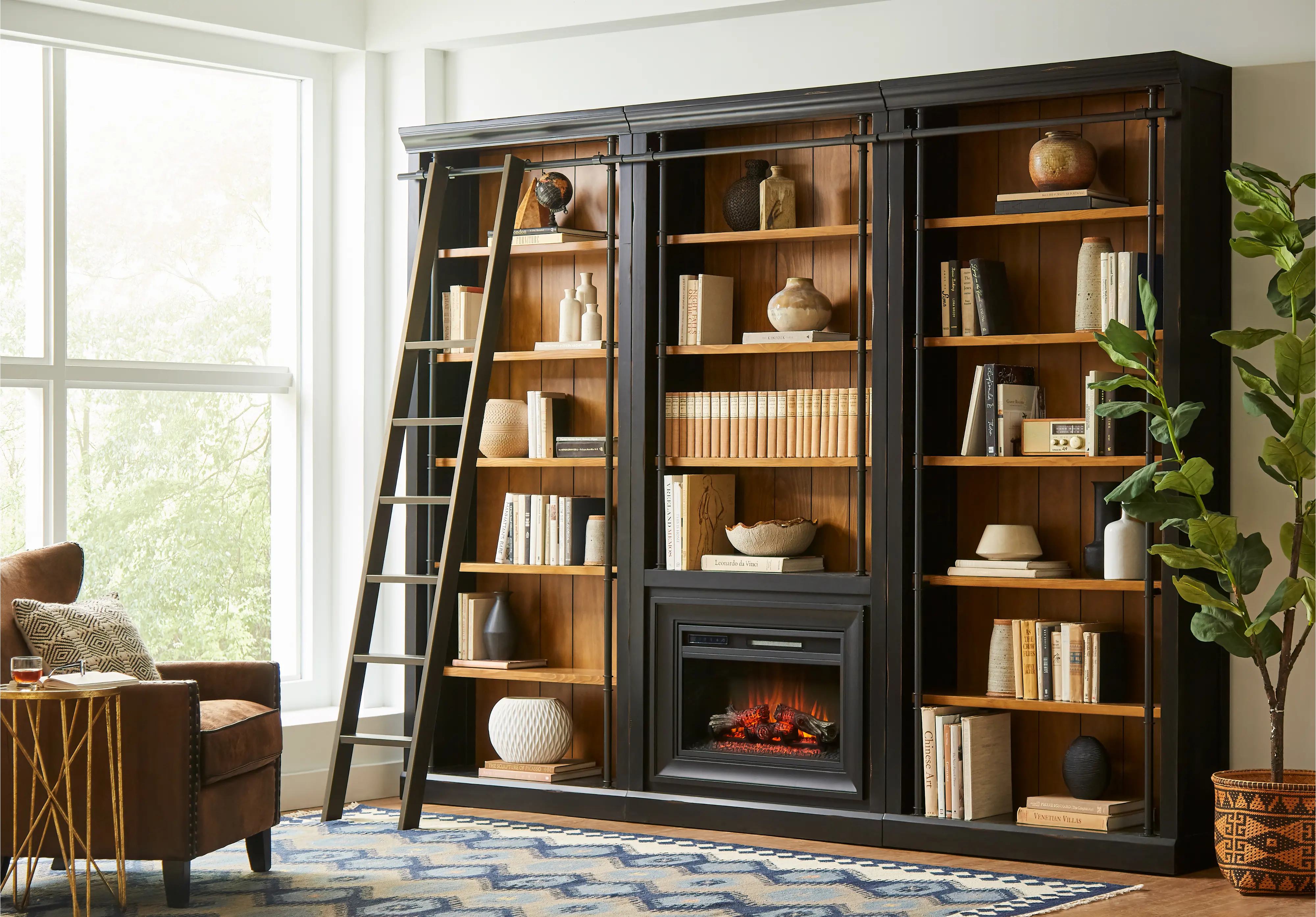Toulouse Two-Tone Black and Honey Bookcase with Fireplace-10
