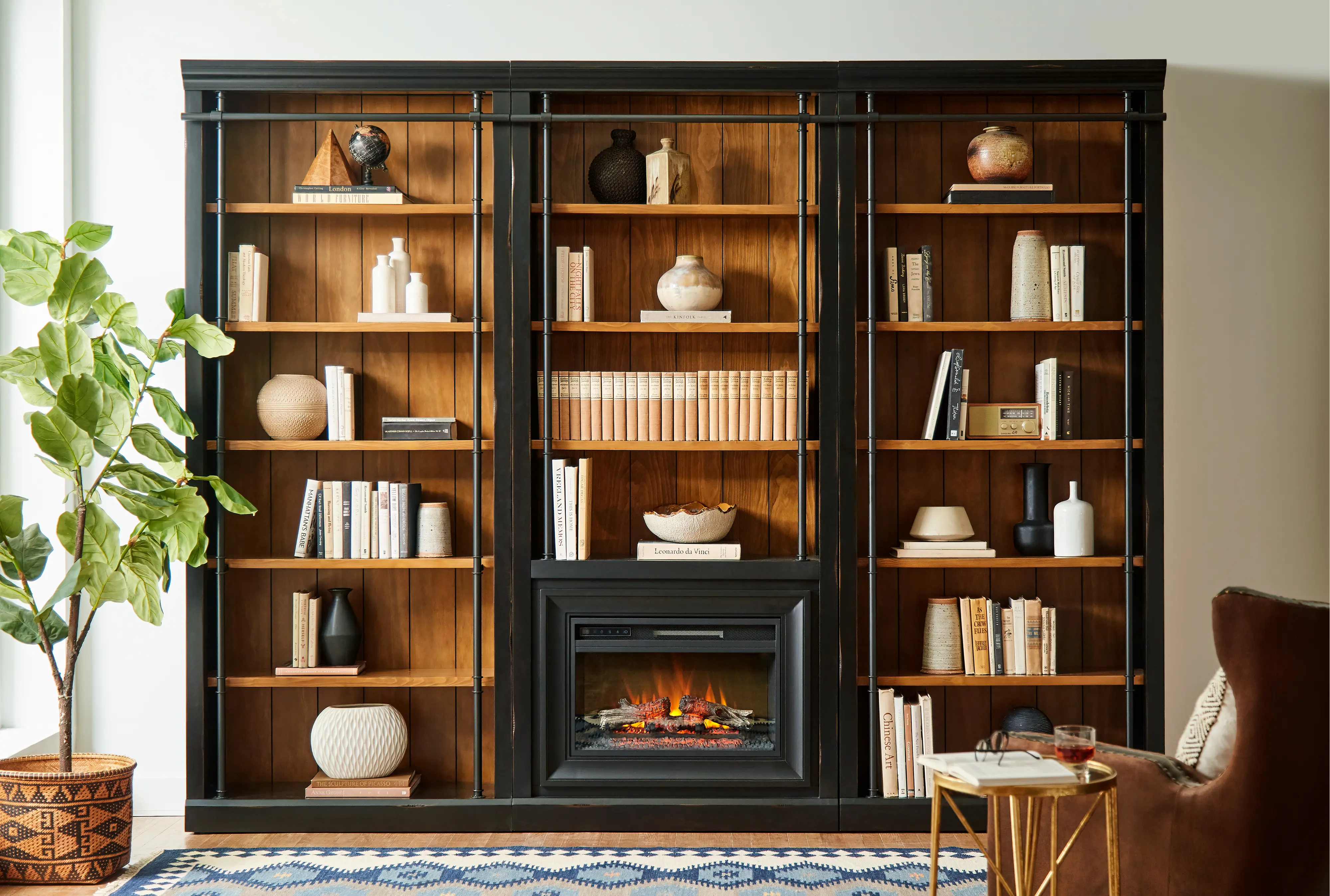 Toulouse Two-Tone Black and Honey Bookcase with Fireplace-2