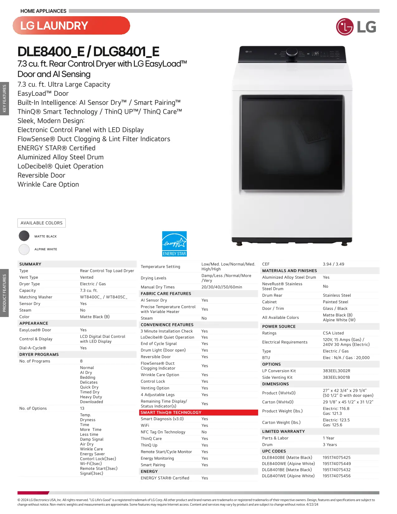 DLE8400WE LG 7.3 Cu Ft Electric Dryer - White-22