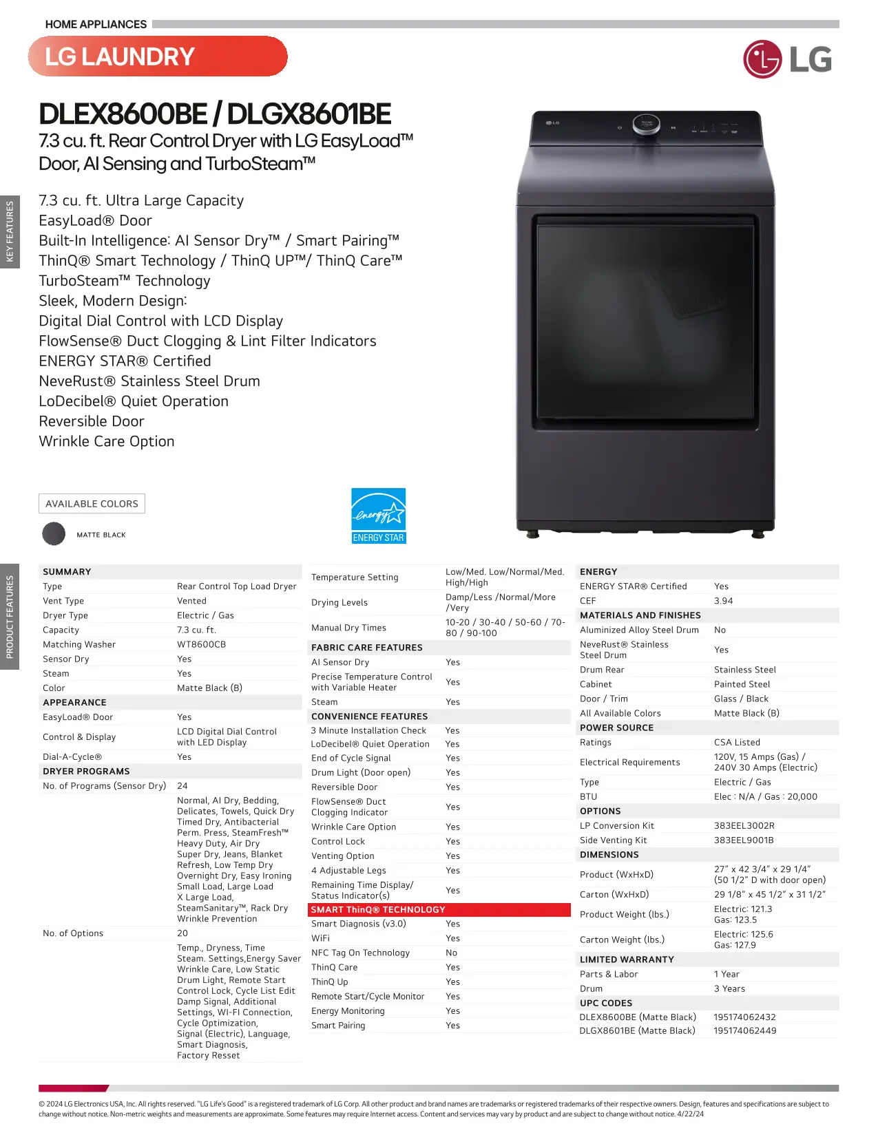 DLGX8601BE LG 7.3 Cu Ft Gas Dryer - Matte Black-15