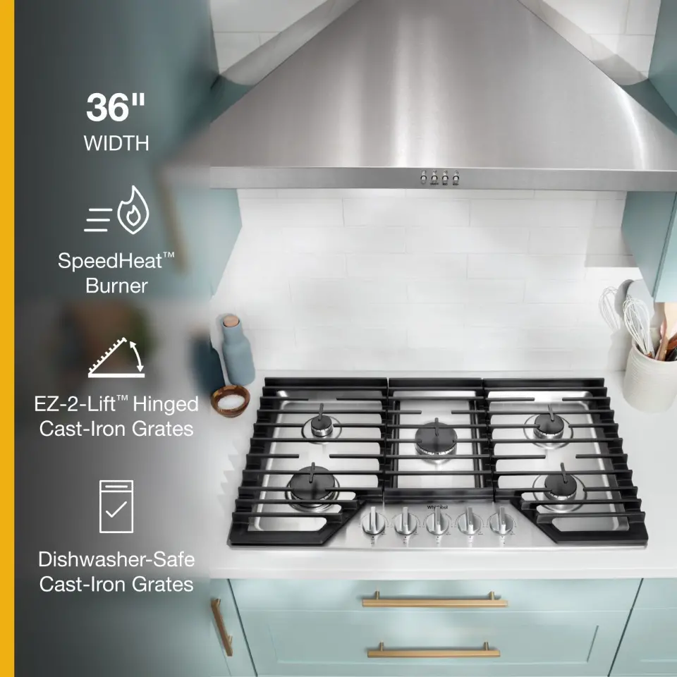 WCGK5036PS Whirlpool 36  Gas Cooktop with EZ-2-Lift™ Hinged Cast-Iron Grates - Stainless Steel-4