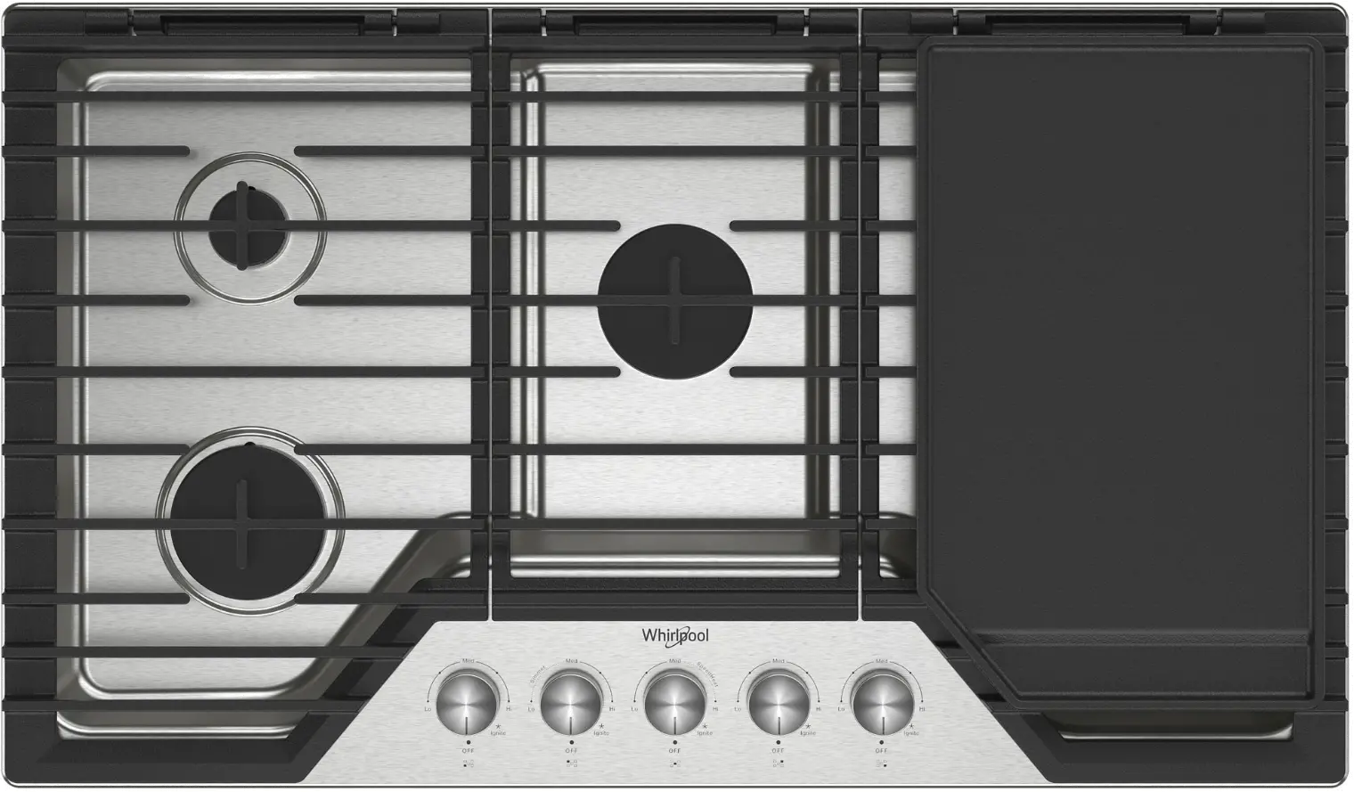 WCGK7536PS Whirlpool 36  Gas Cooktop with 2-in-1 Hinged Grate to Griddle - Stainless Steel-1