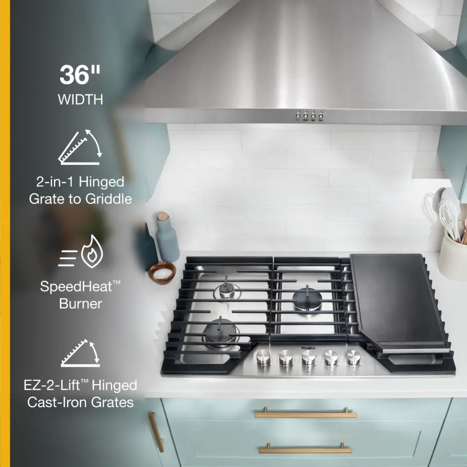 WCGK7536PS Whirlpool 36  Gas Cooktop with 2-in-1 Hinged Grate to Griddle - Stainless Steel-2