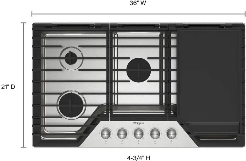 WCGK7536PS Whirlpool 36  Gas Cooktop with 2-in-1 Hinged Grate to Griddle - Stainless Steel-5