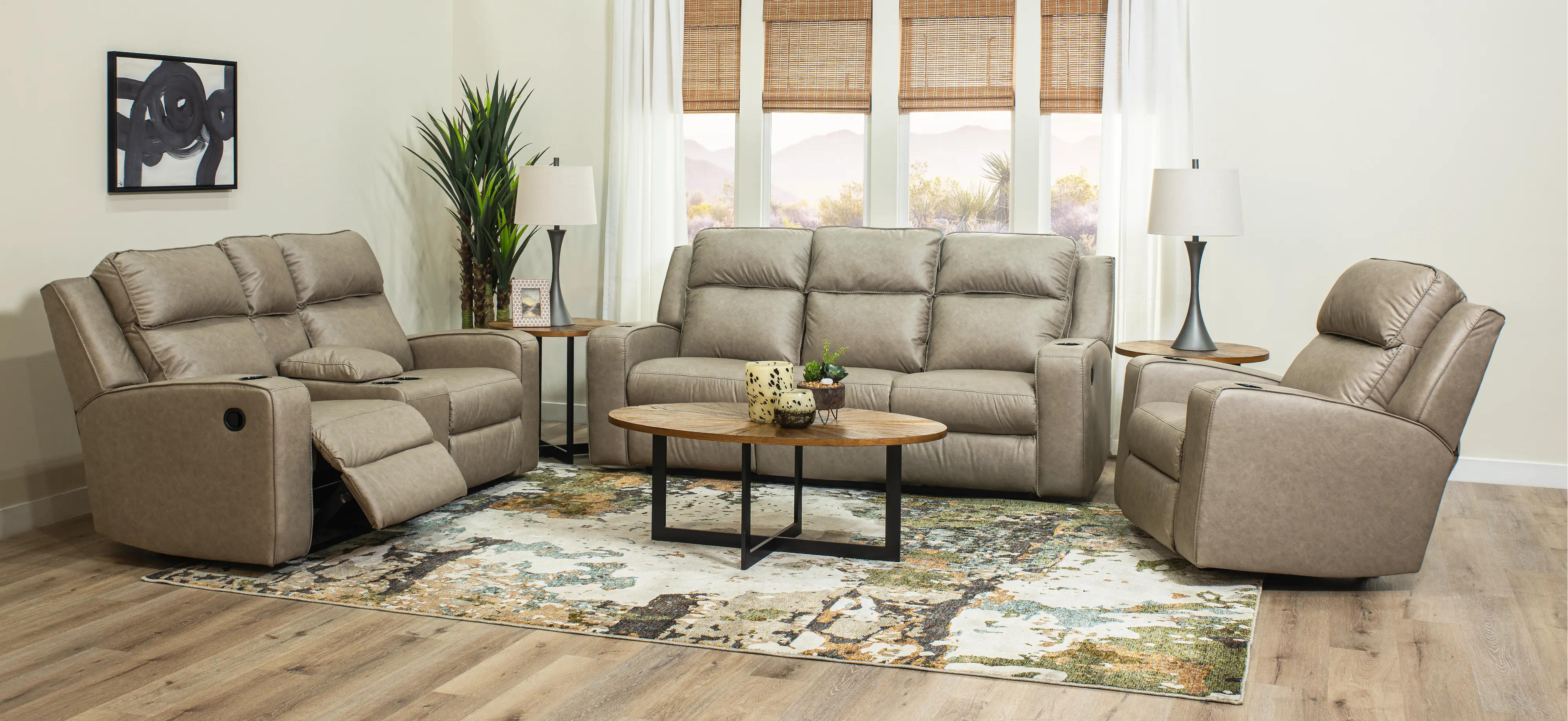 Lavenhorne Pebble Beige Reclining Sofa with Drop Down Table-2