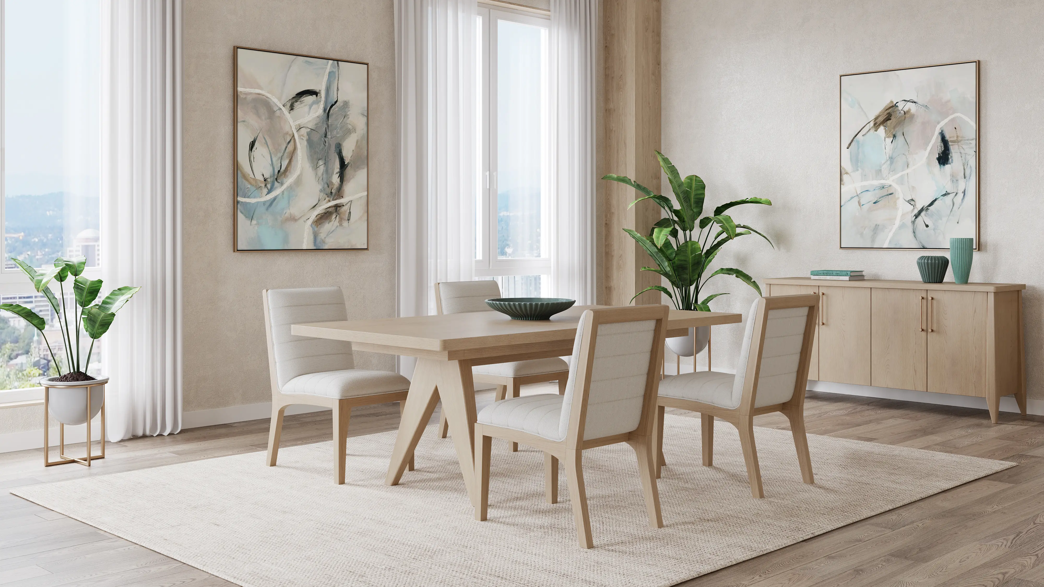 Sumire Natural Ash and White Linen 5 Piece Dining Set-2