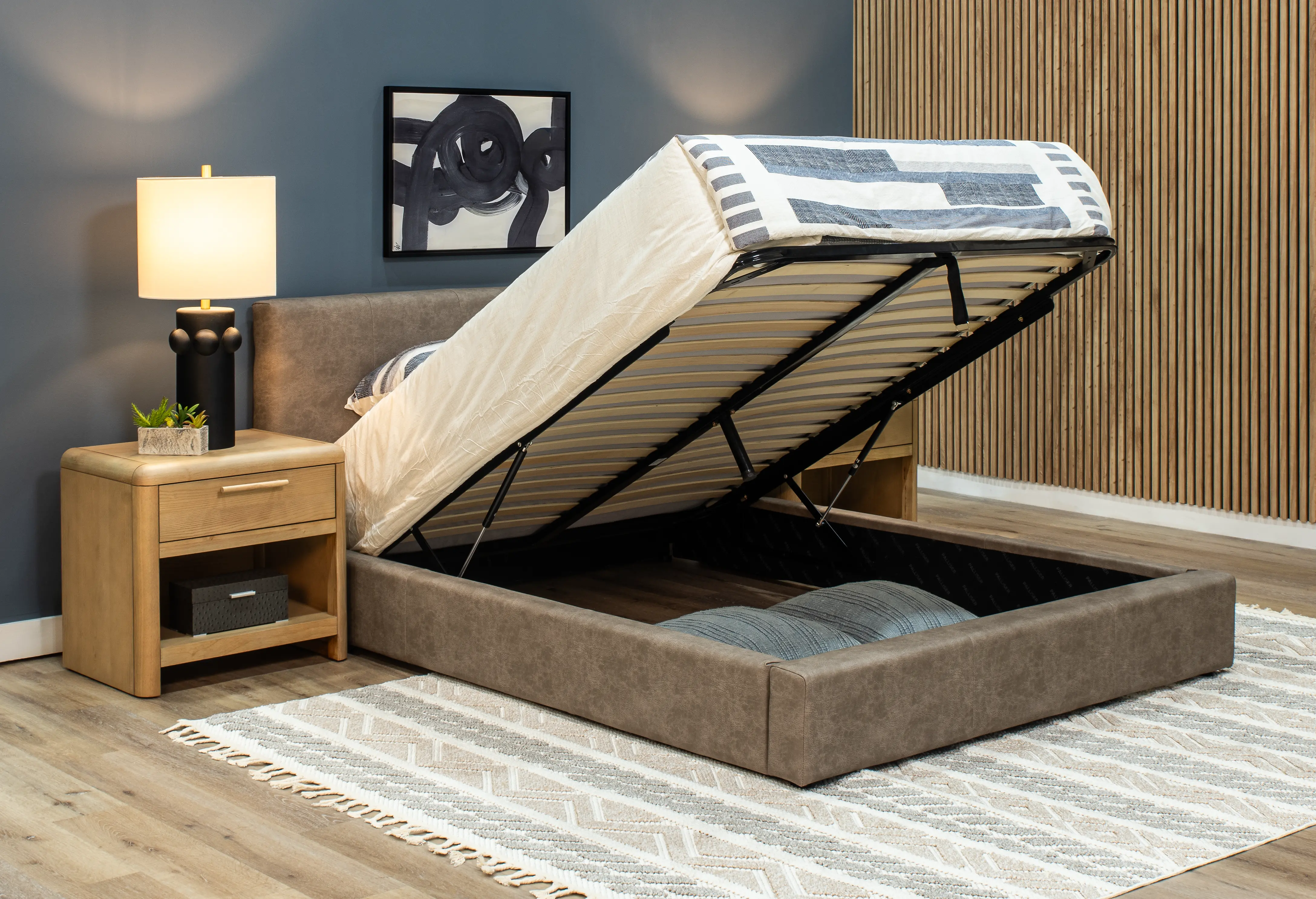 Auremo Light Brown Upholstered King Lift Storage Bed-2