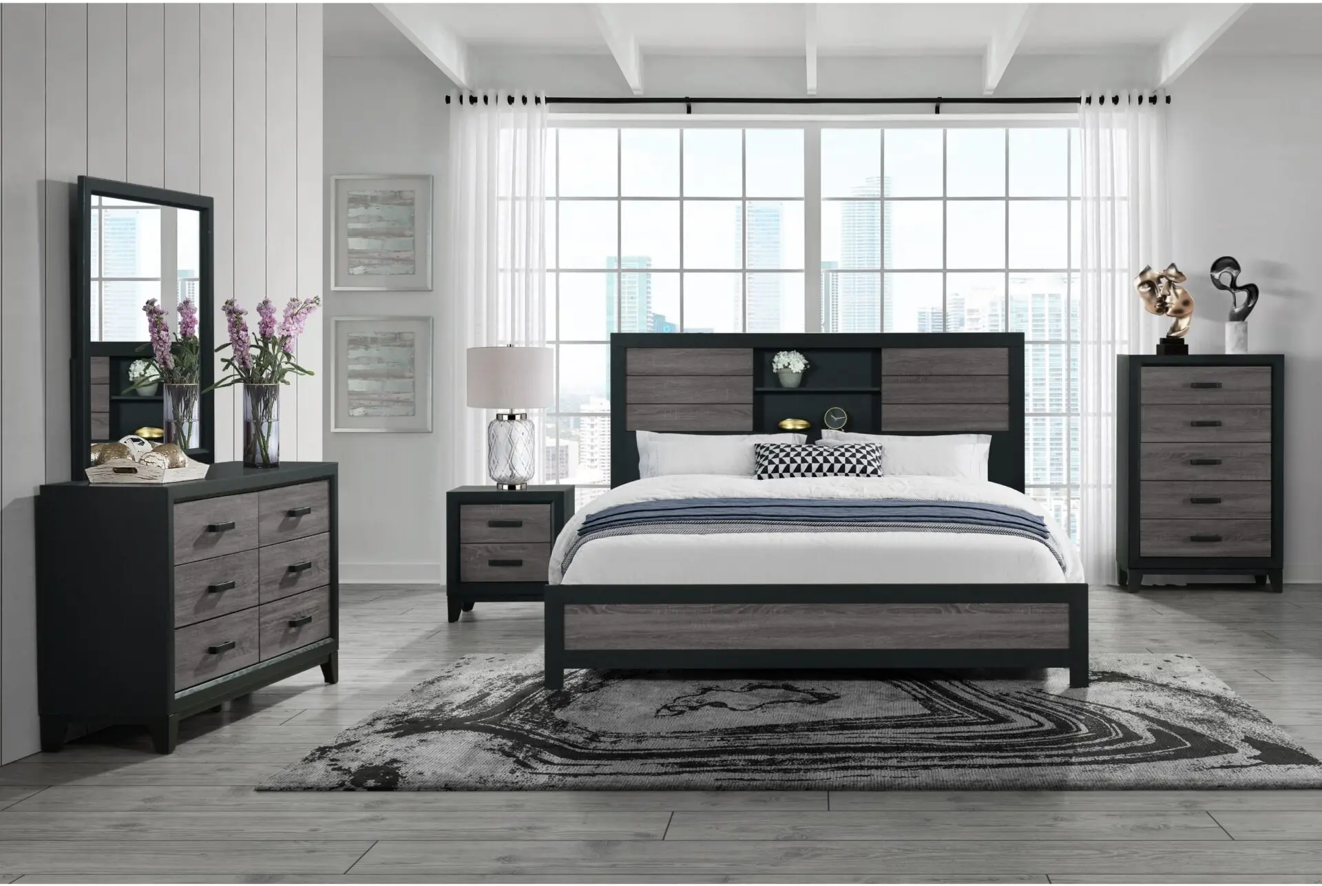 Lisbon Gray and Black King Bookcase Bed-2