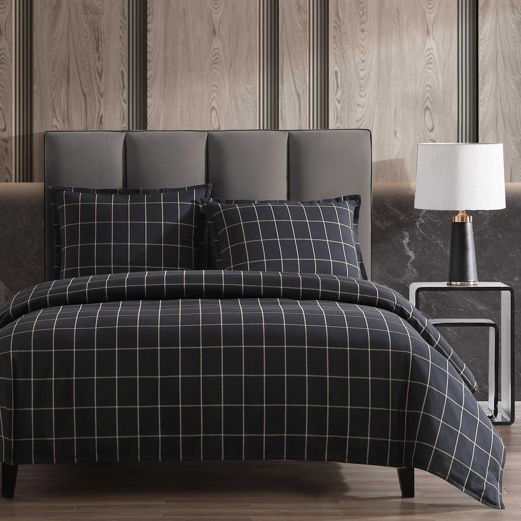 Windowpane Plaid Black Queen 3-Piece Comforter Set-1
