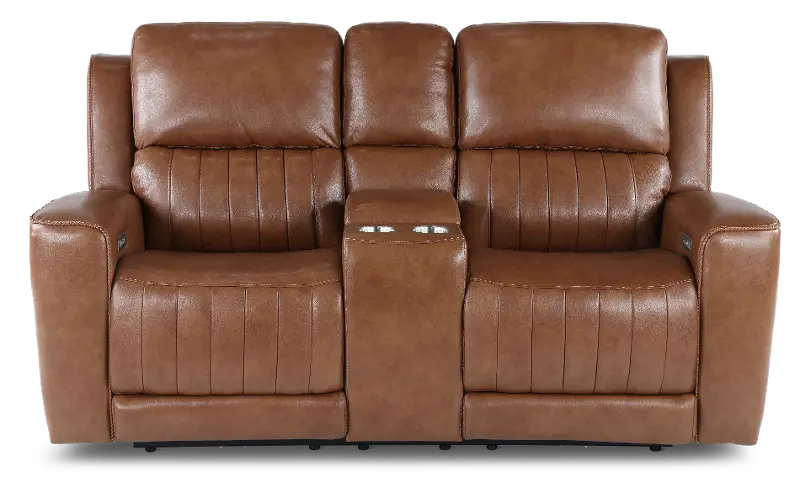 Pierce Caramel Brown Power Reclining Loveseat with Console
